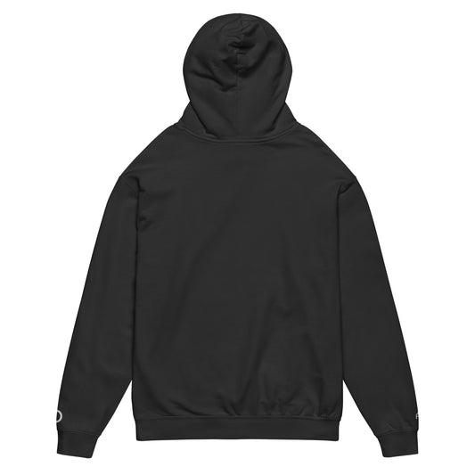 Vintage-style lightweight fleece hoodie in black - An Athlete Trains. Back view