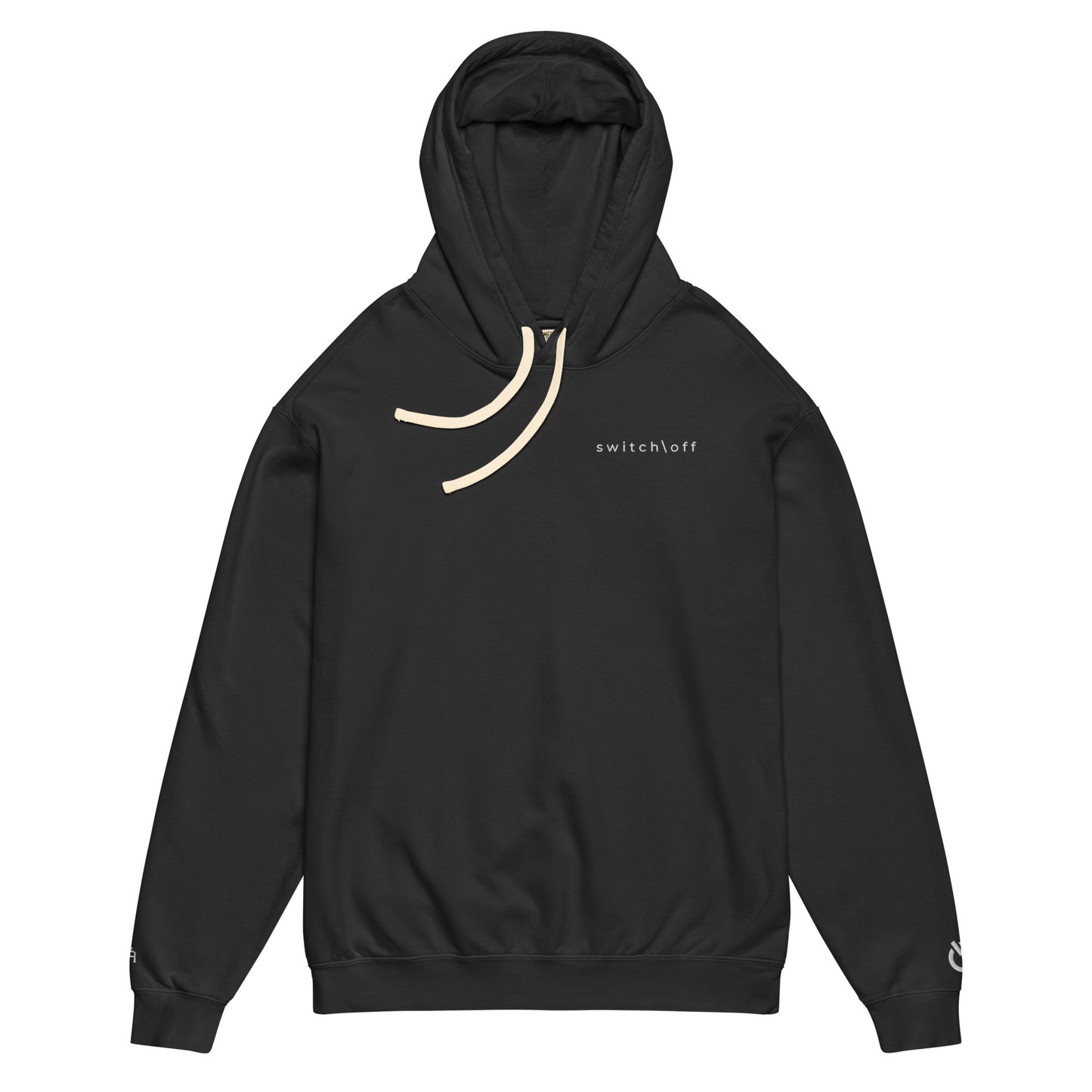 Vintage-style lightweight fleece hoodie in black with white switch\off embroidery - An Athlete Trains. Flat drawstrings. Front view