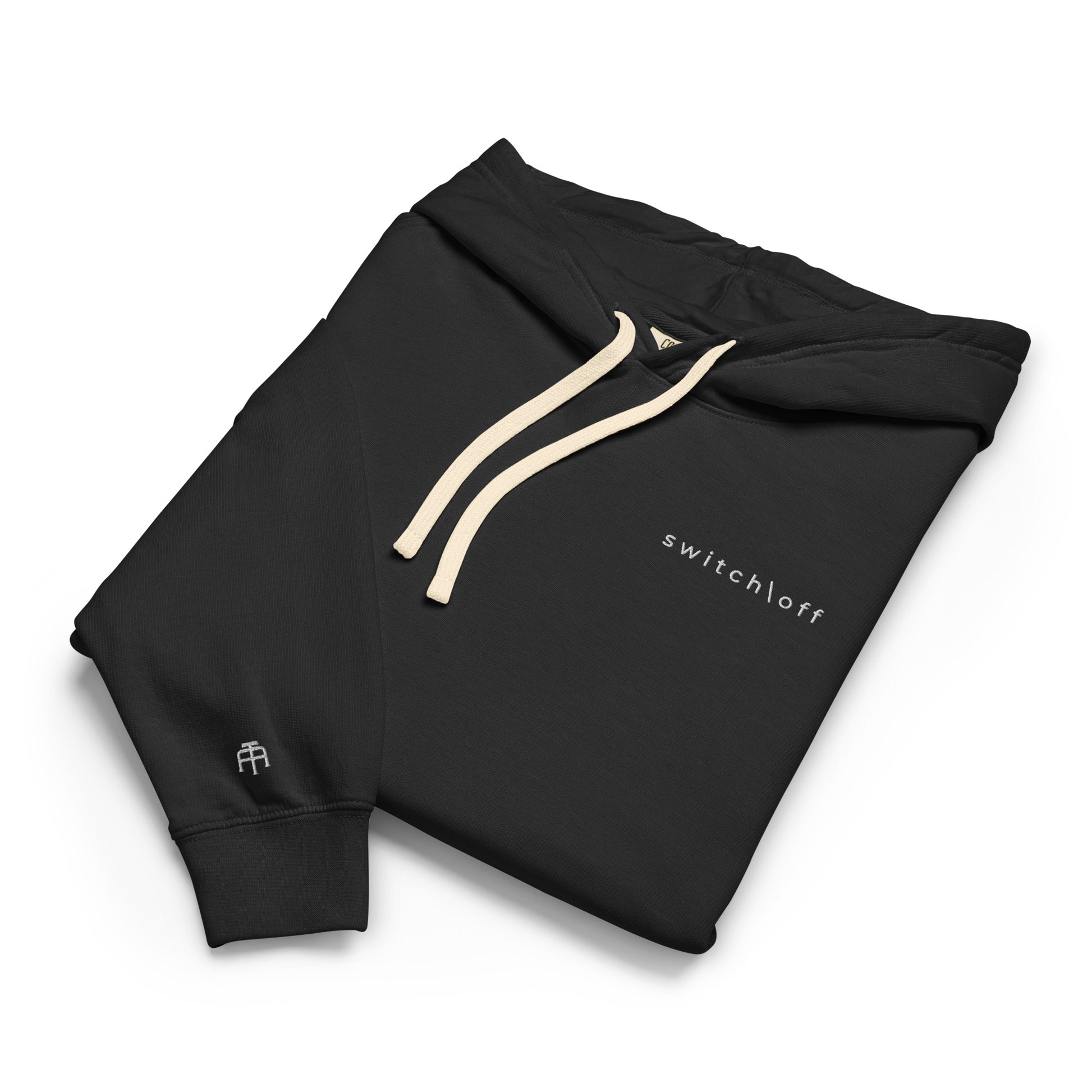 Vintage-style lightweight fleece hoodie in black with white switch\off embroidery - An Athlete Trains. Flat drawstrings. Front view