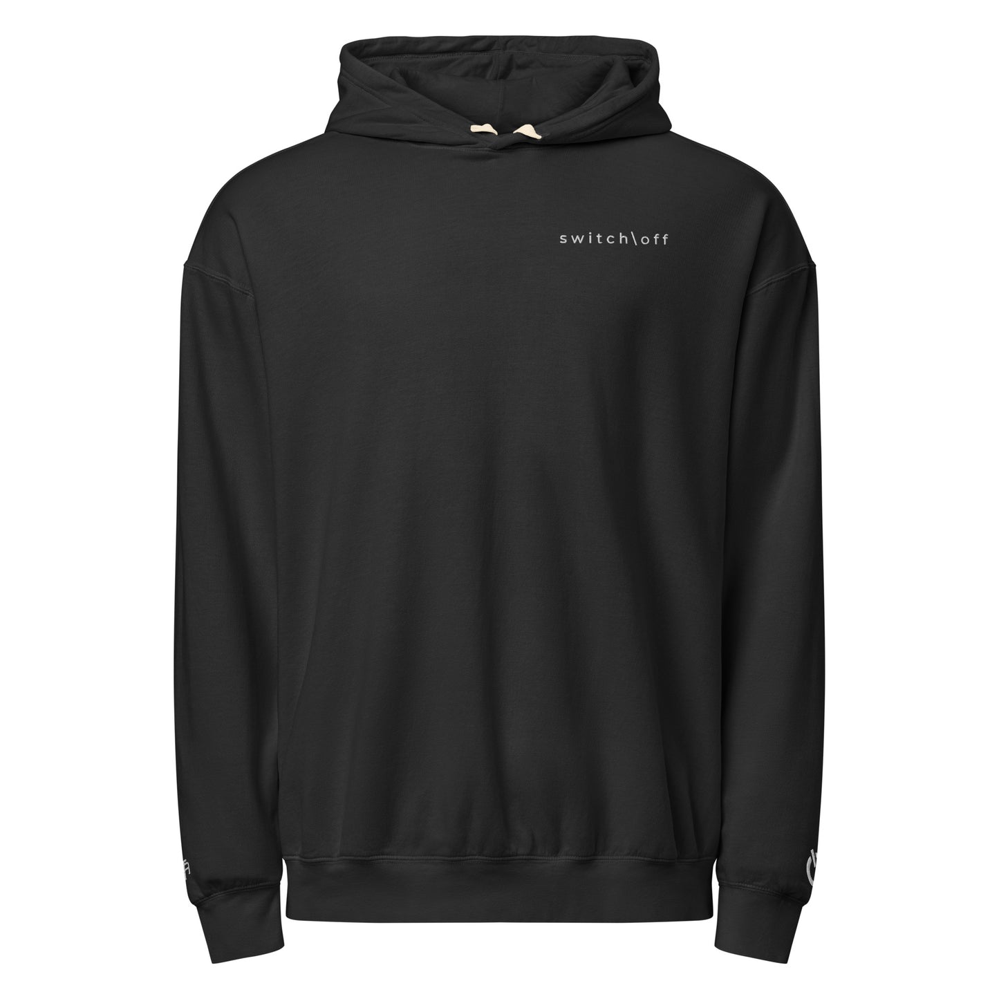 Vintage-style lightweight fleece hoodie in black with white switch\off embroidery - An Athlete Trains. Flat drawstrings. Front view