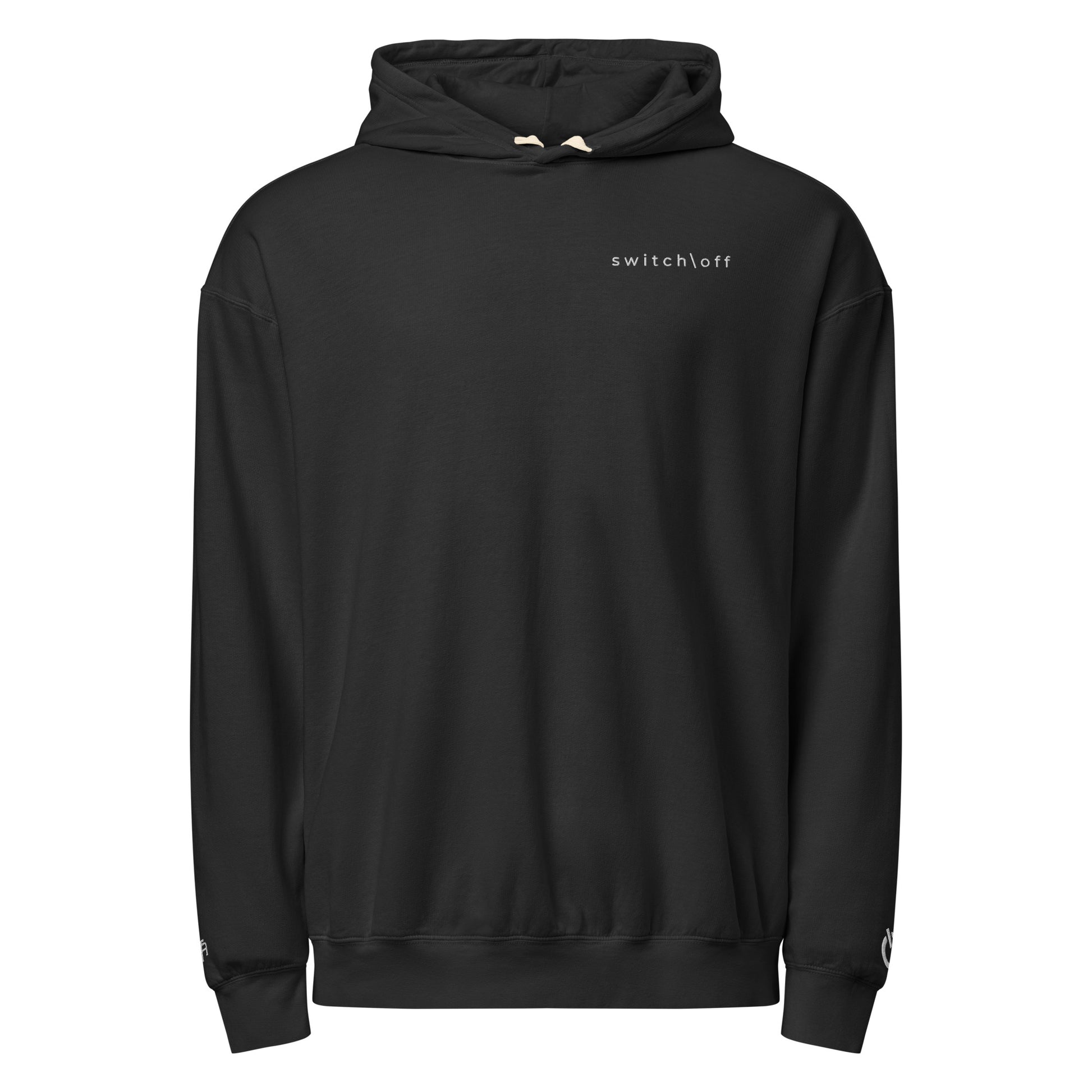 Vintage-style lightweight fleece hoodie in black with white switch\off embroidery - An Athlete Trains. Flat drawstrings. Front view