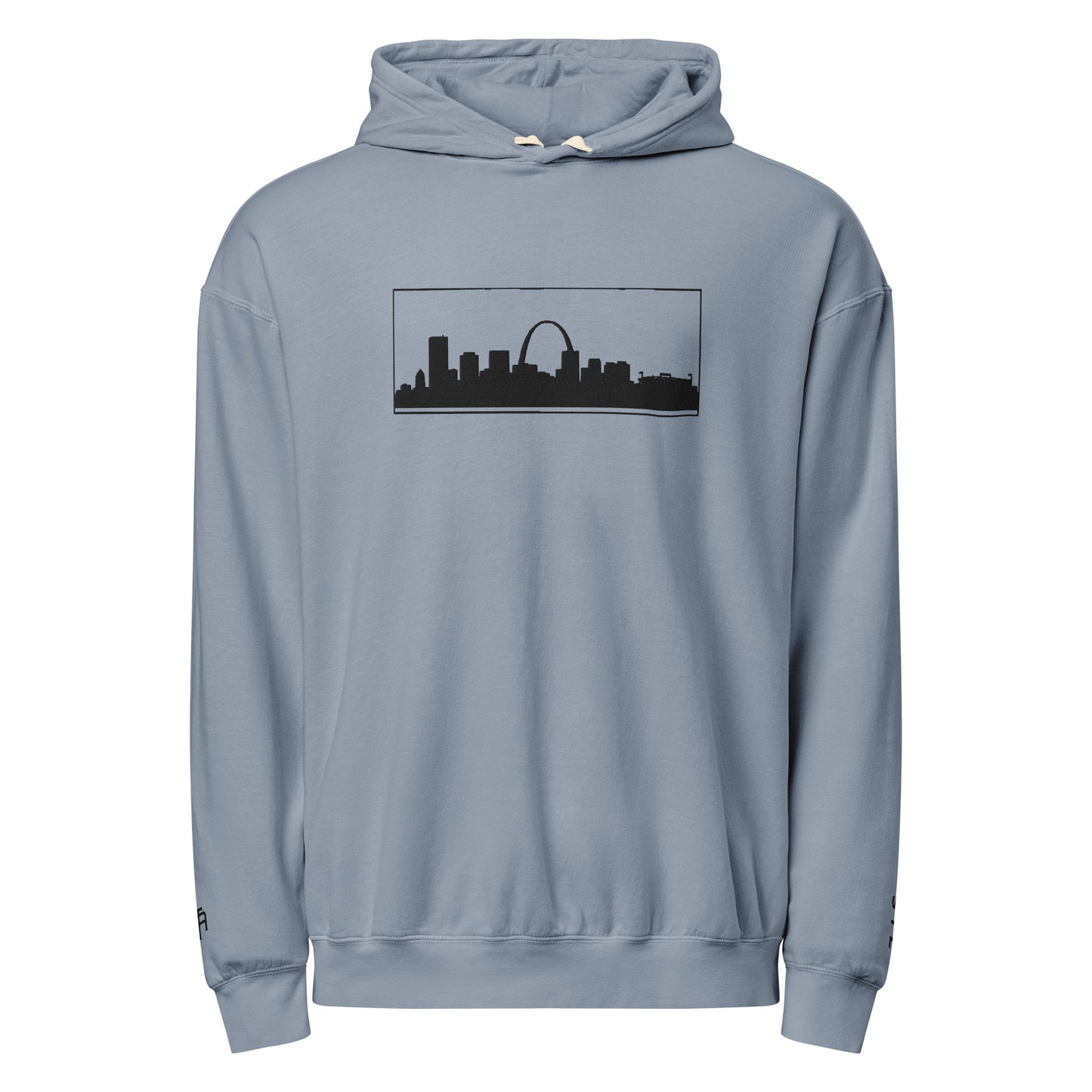 Blue Jean St. Louis Edition lightweight garment-dyed hoodie featuring St. Louis skyline, Gateway Arch, and STL wrist branding | Our City | An Athlete Trains