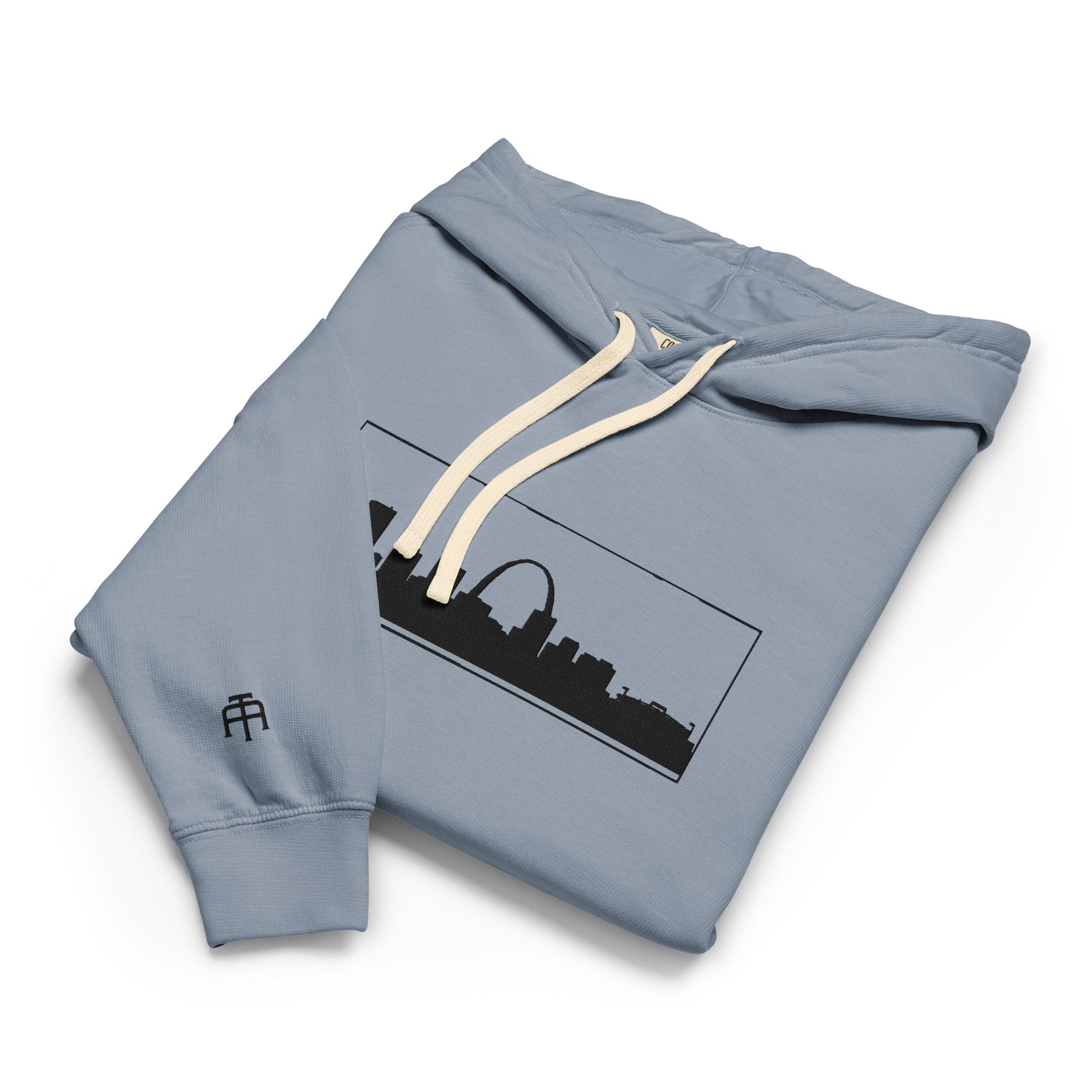 Blue Jean St. Louis Edition lightweight garment-dyed hoodie featuring St. Louis skyline, Gateway Arch, and STL wrist branding | Our City | An Athlete Trains