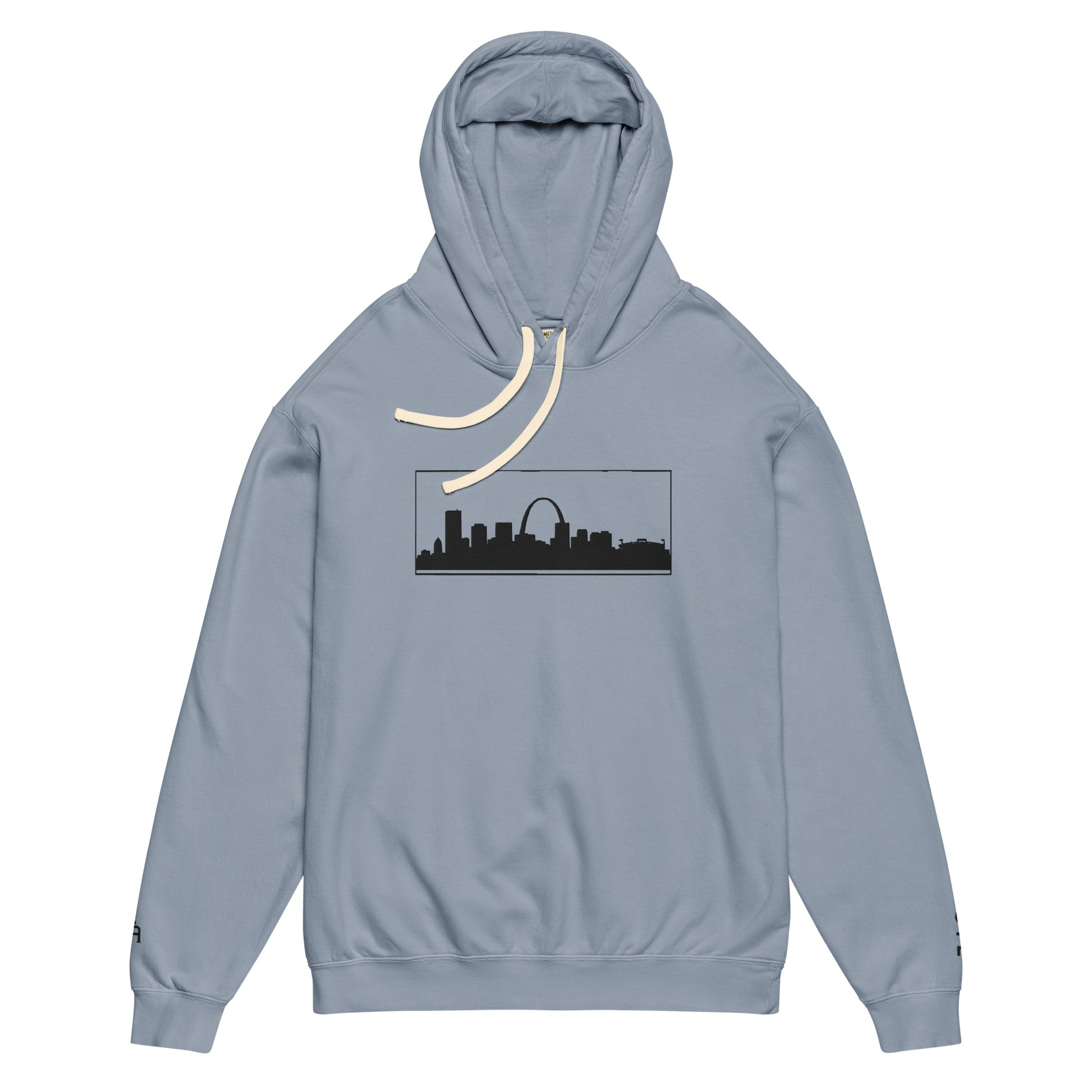 Blue Jean St. Louis Edition lightweight garment-dyed hoodie featuring St. Louis skyline, Gateway Arch, and STL wrist branding | Our City | An Athlete Trains