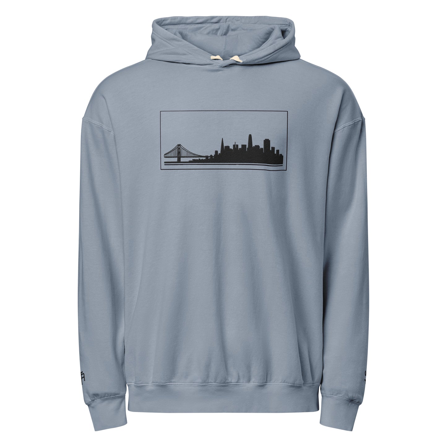Blue Jean color San Francisco Edition garment-dyed lightweight hoodie with SF skyline, Golden Gate Bridge, and SF wrist detail | Our City | An Athlete Trains