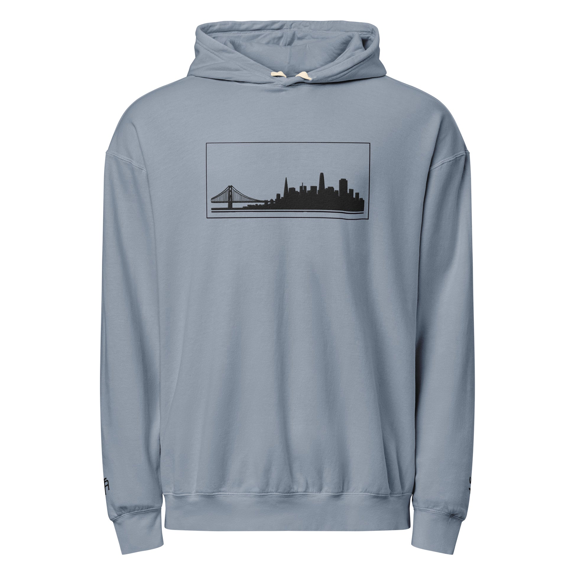 Blue Jean color San Francisco Edition garment-dyed lightweight hoodie with SF skyline, Golden Gate Bridge, and SF wrist detail | Our City | An Athlete Trains