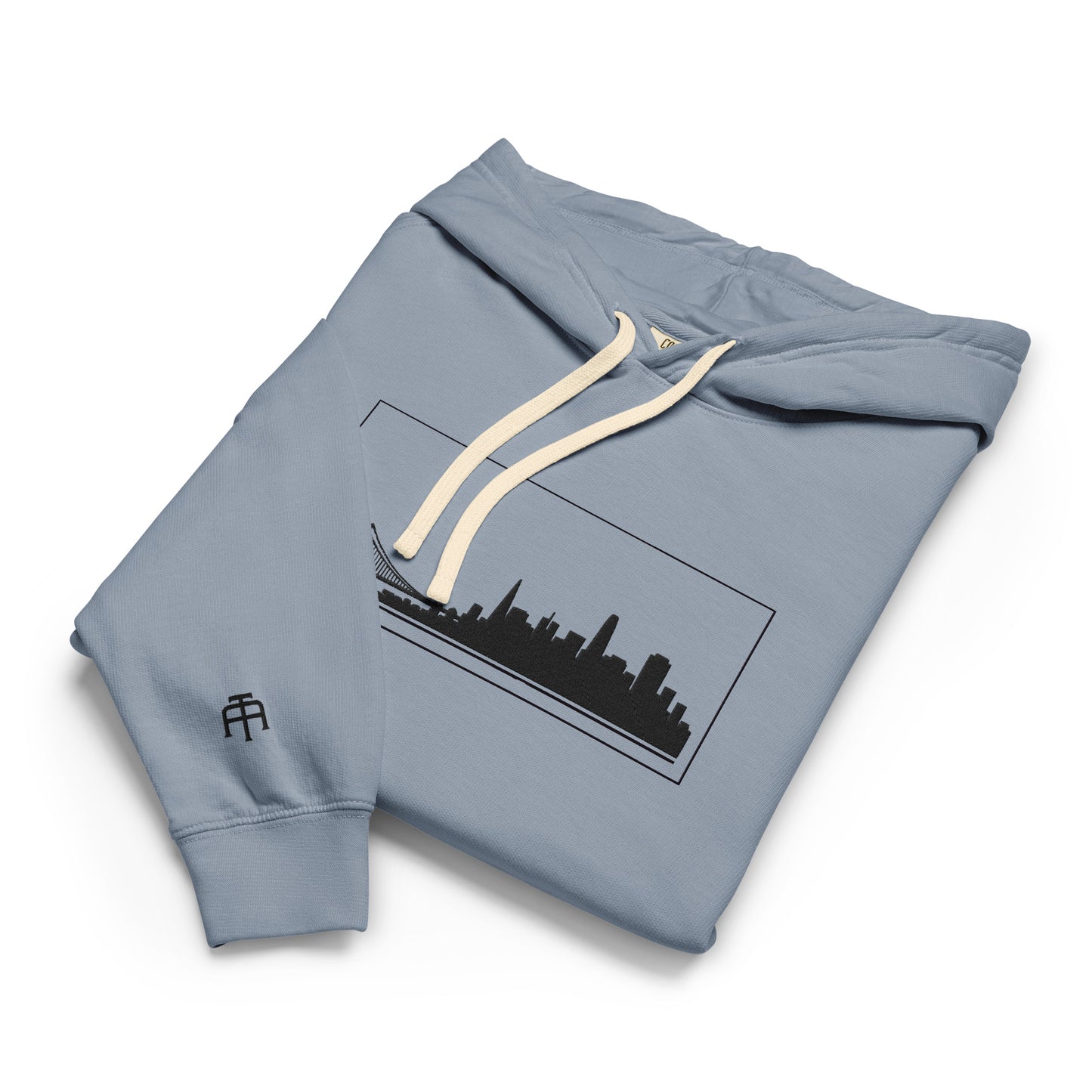 Blue Jean color San Francisco Edition garment-dyed lightweight hoodie with SF skyline, Golden Gate Bridge, and SF wrist detail | Our City | An Athlete Trains