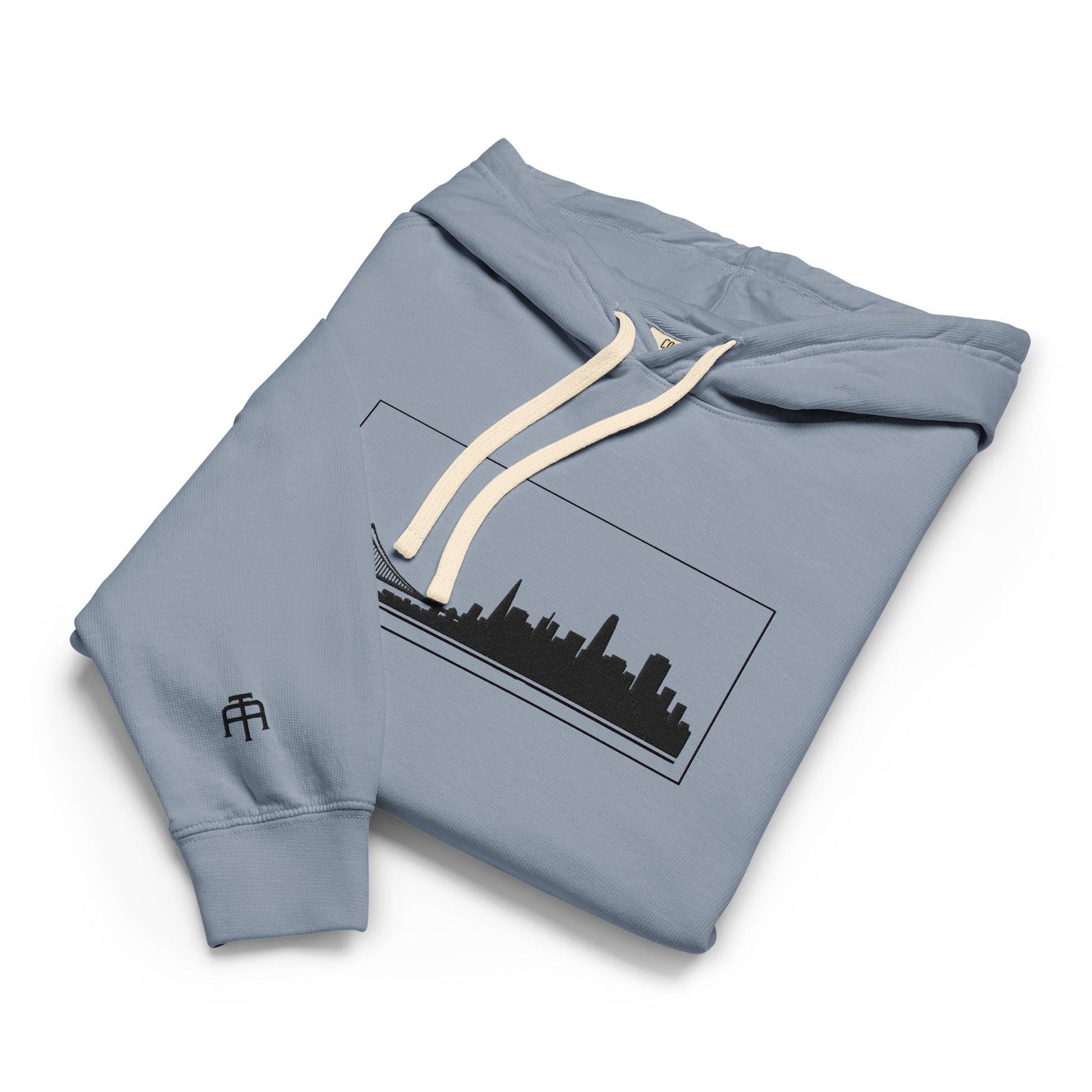 Blue Jean color San Francisco Edition garment-dyed lightweight hoodie with SF skyline, Golden Gate Bridge, and SF wrist detail | Our City | An Athlete Trains
