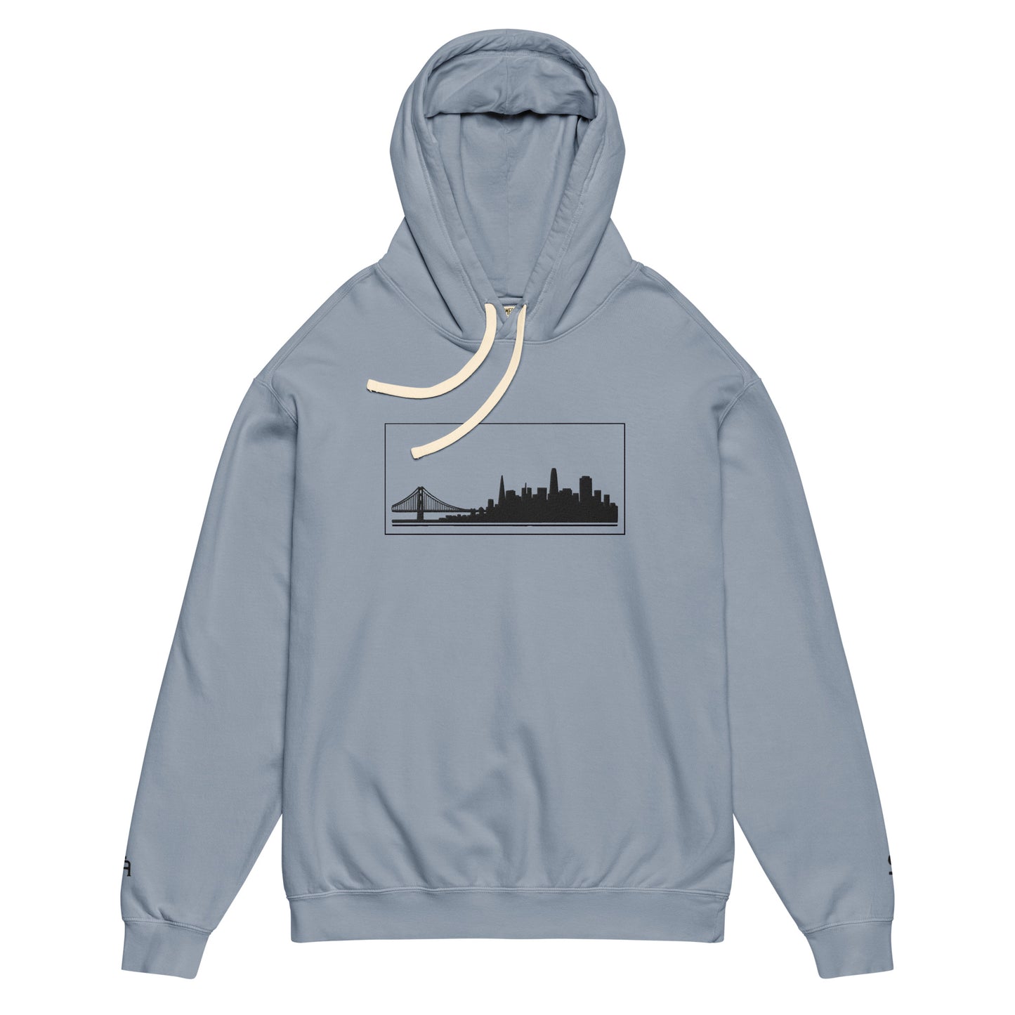 Blue Jean color San Francisco Edition garment-dyed lightweight hoodie with SF skyline, Golden Gate Bridge, and SF wrist detail | Our City | An Athlete Trains
