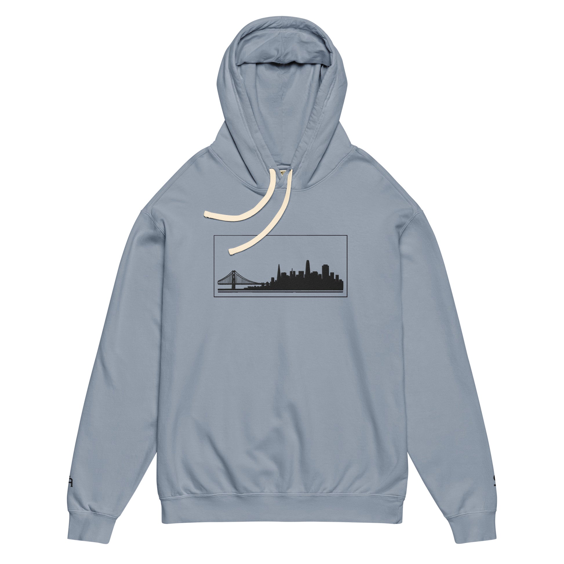 Blue Jean color San Francisco Edition garment-dyed lightweight hoodie with SF skyline, Golden Gate Bridge, and SF wrist detail | Our City | An Athlete Trains