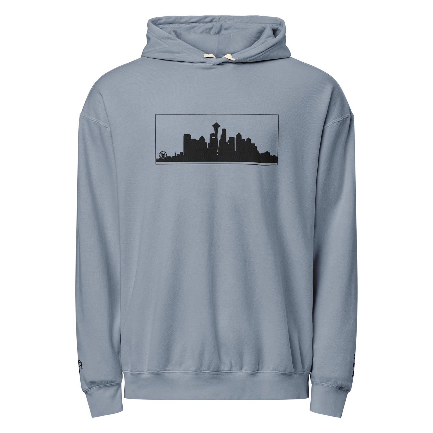 Blue Jean color Seattle Edition lightweight garment-dyed hoodie featuring Seattle skyline, Space Needle, and SEA wrist embroidery | Our City | An Athlete Trains