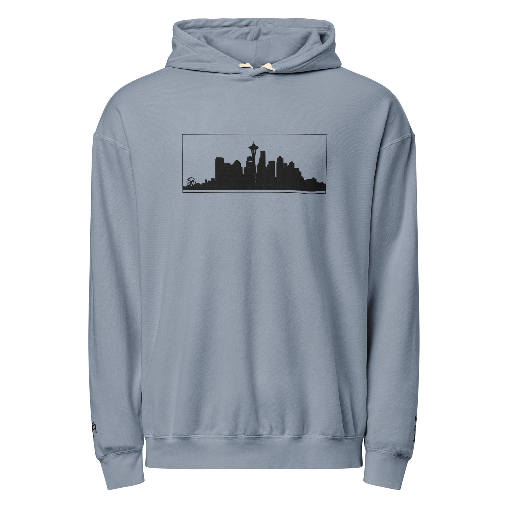 Blue Jean color Seattle Edition lightweight garment-dyed hoodie featuring Seattle skyline, Space Needle, and SEA wrist embroidery | Our City | An Athlete Trains