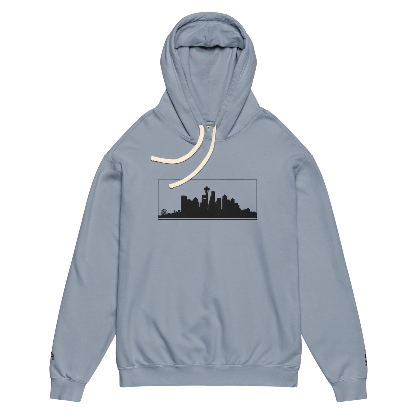 Blue Jean color Seattle Edition lightweight garment-dyed hoodie featuring Seattle skyline, Space Needle, and SEA wrist embroidery | Our City | An Athlete Trains