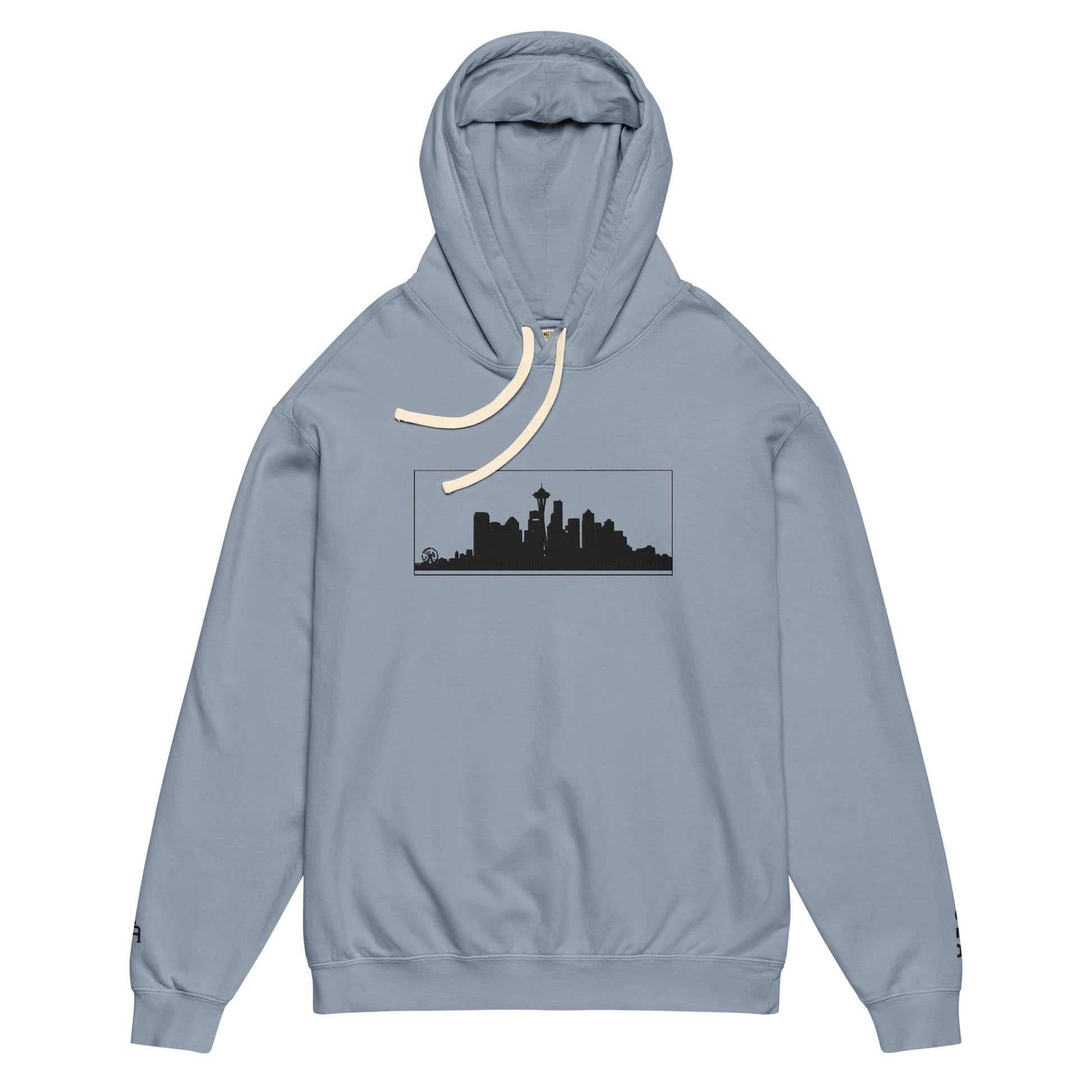 Blue Jean color Seattle Edition lightweight garment-dyed hoodie featuring Seattle skyline, Space Needle, and SEA wrist embroidery | Our City | An Athlete Trains