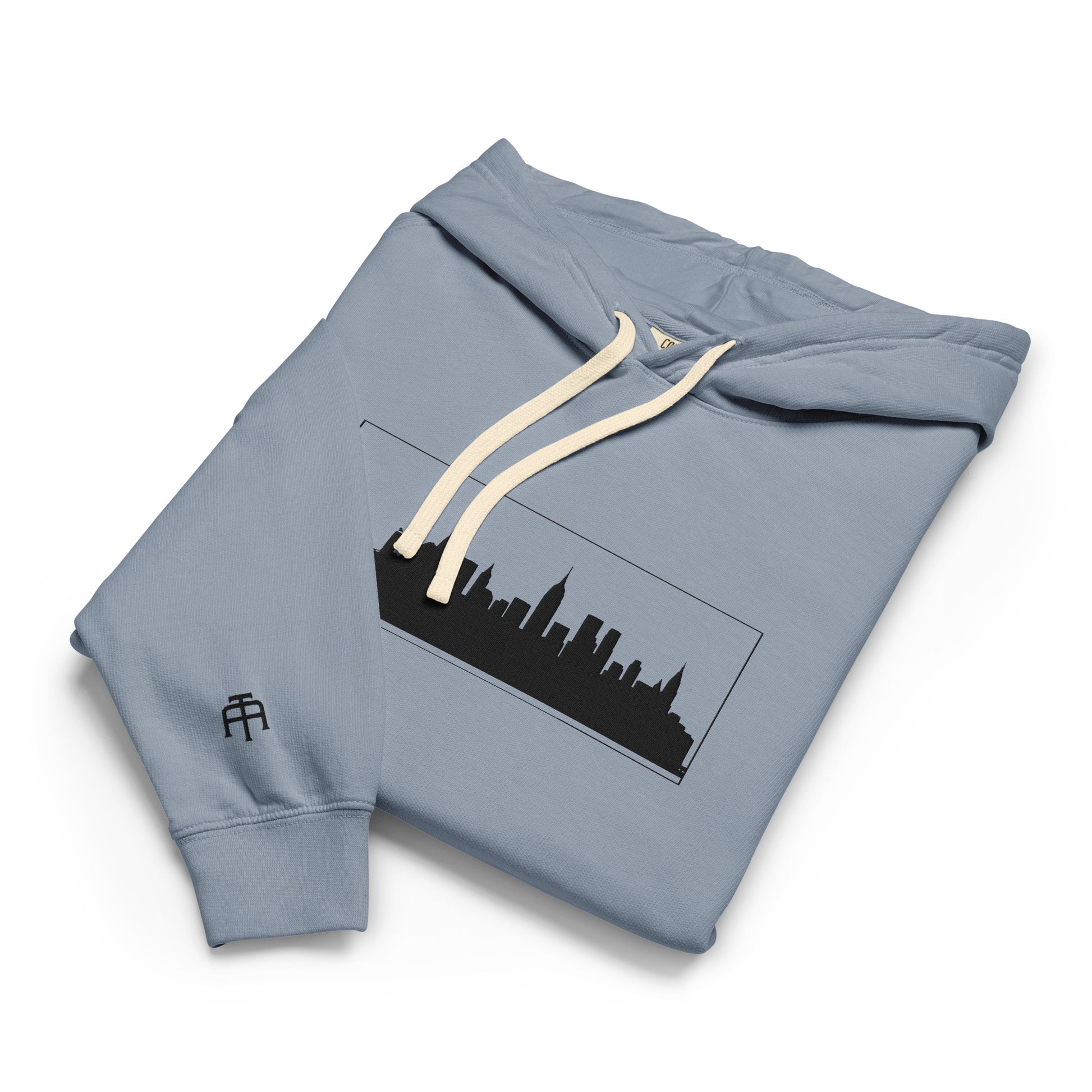 Blue Jean color New York Edition lightweight garment-dyed hoodie with NYC skyline embroidery and custom wrist detail | Our City | An Athlete Trains