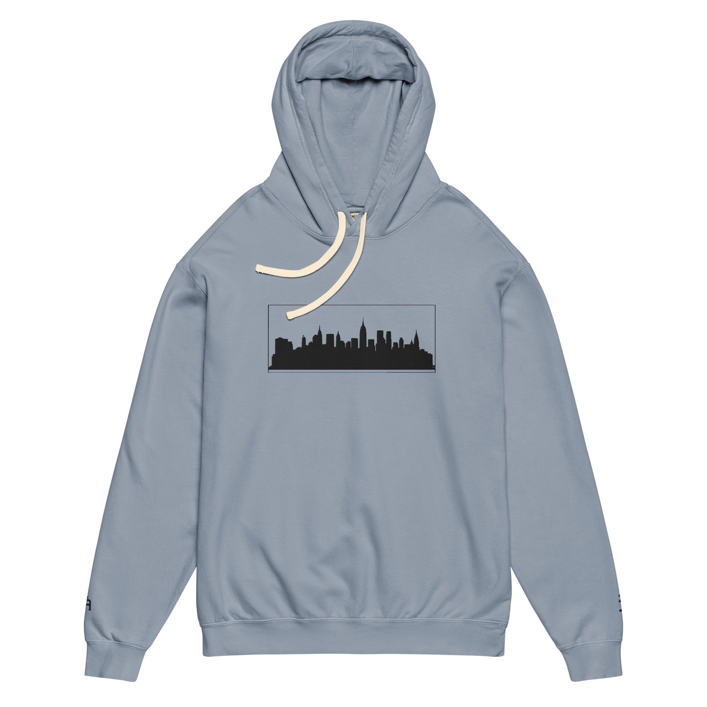 Blue Jean color New York Edition lightweight garment-dyed hoodie with NYC skyline embroidery and custom wrist detail | Our City | An Athlete Trains