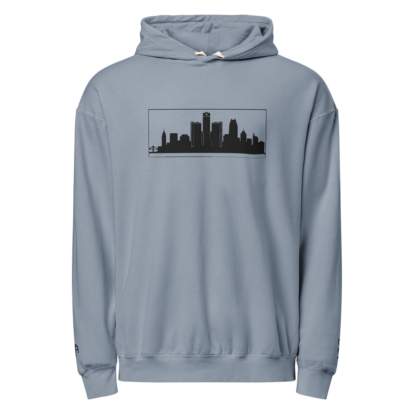 Blue Jean color Detroit Edition garment-dyed lightweight hoodie with embroidered Detroit skyline and DET wrist detail | Out City | An Athlete Trains