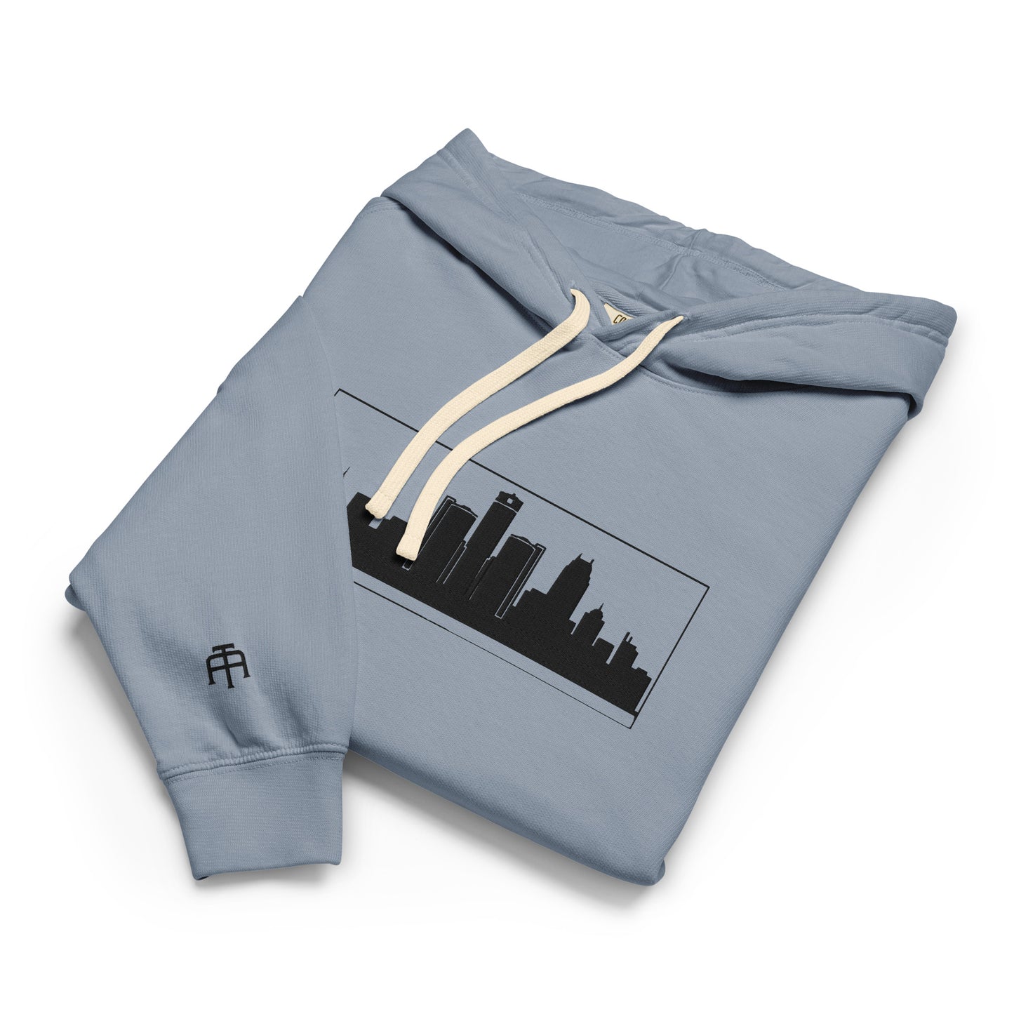 Blue Jean color Detroit Edition garment-dyed lightweight hoodie with embroidered Detroit skyline and DET wrist detail | Out City | An Athlete Trains