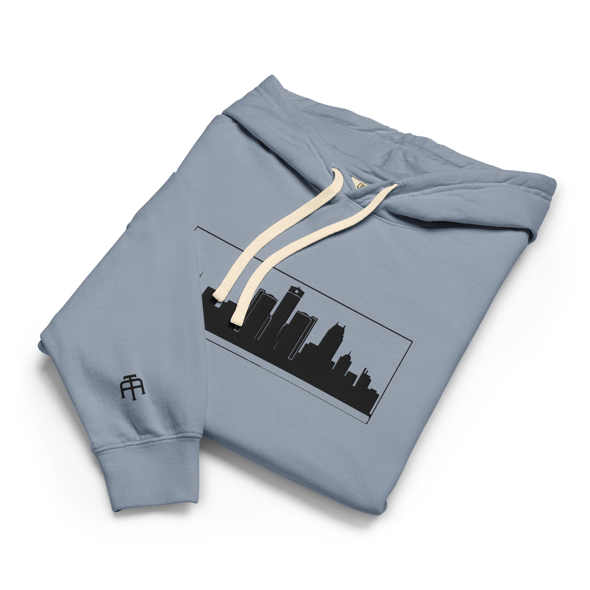 Blue Jean color Detroit Edition garment-dyed lightweight hoodie with embroidered Detroit skyline and DET wrist detail | Out City | An Athlete Trains