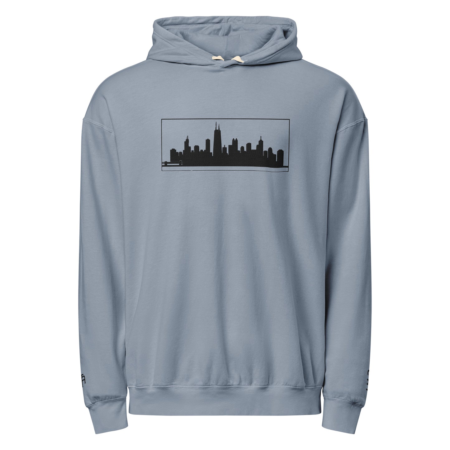 Blue Jean color Chicago Edition lightweight garment-dyed hoodie featuring embroidered Chicago skyline and CHI wrist branding | Our City | An Athlete Trains
