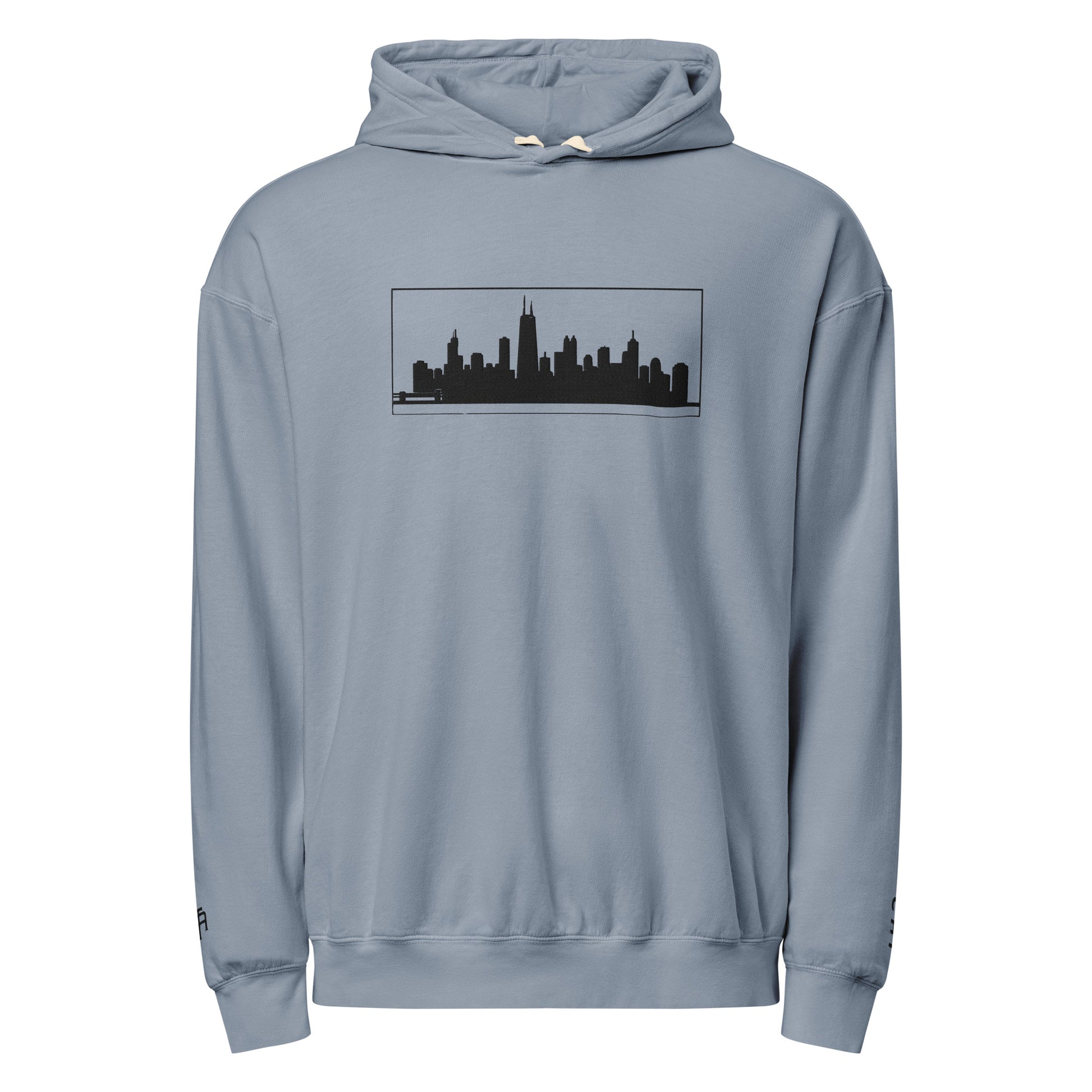 Blue Jean color Chicago Edition lightweight garment-dyed hoodie featuring embroidered Chicago skyline and CHI wrist branding | Our City | An Athlete Trains