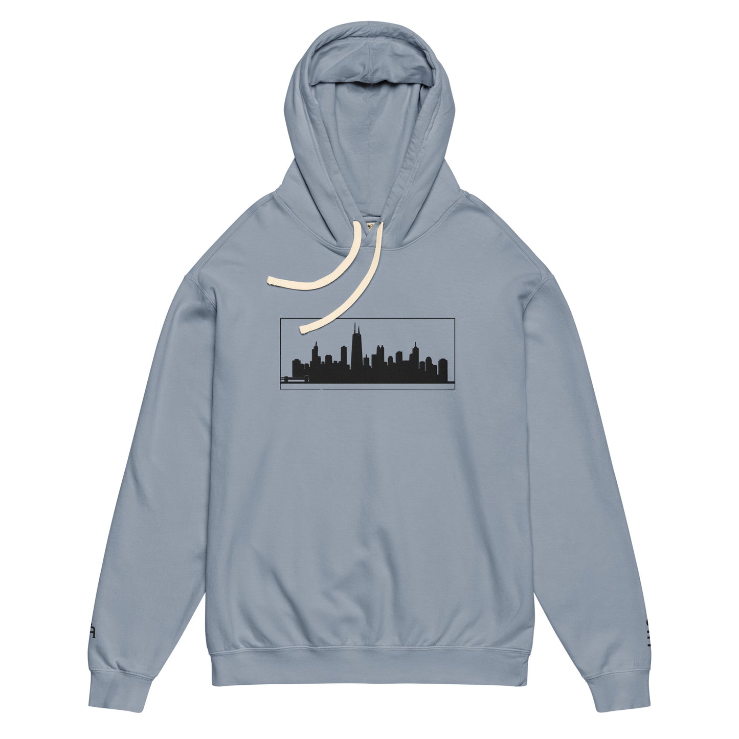 Blue Jean color Chicago Edition lightweight garment-dyed hoodie featuring embroidered Chicago skyline and CHI wrist branding | Our City | An Athlete Trains