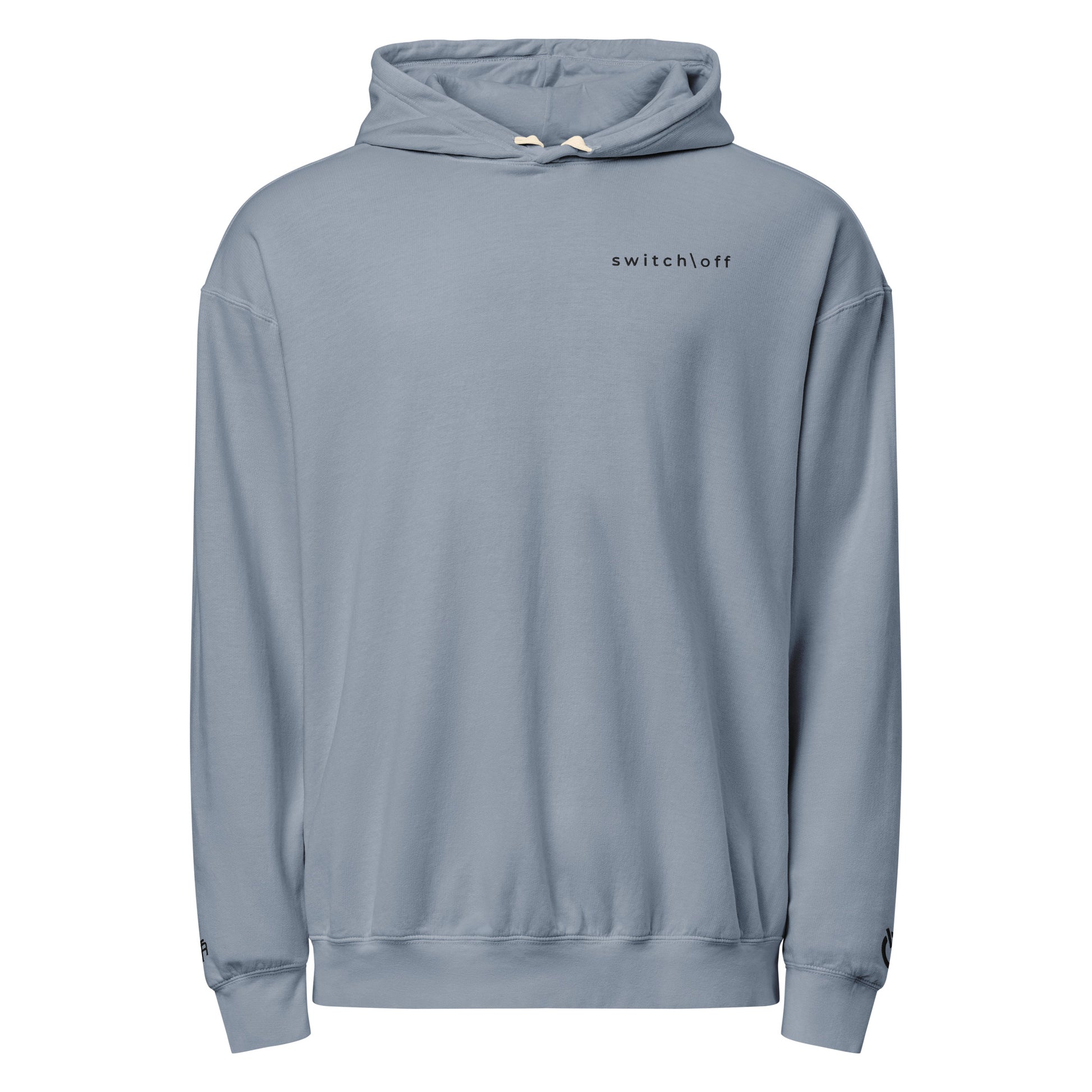 Vintage-style lightweight fleece hoodie in blue jean with black switch\off embroidery - An Athlete Trains. Front view