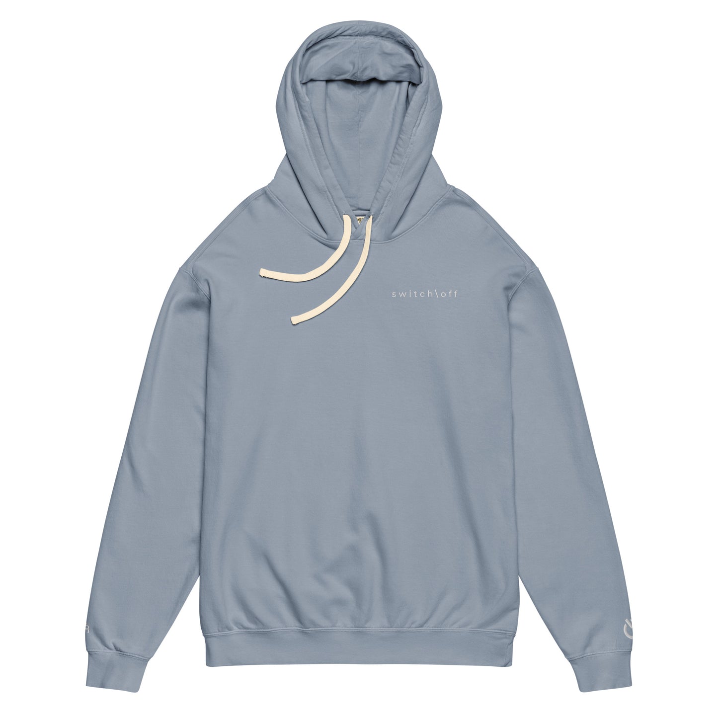 Vintage-style lightweight fleece hoodie in blue jean with white switch\off embroidery - An Athlete Trains. Flat drawstrings. Front view