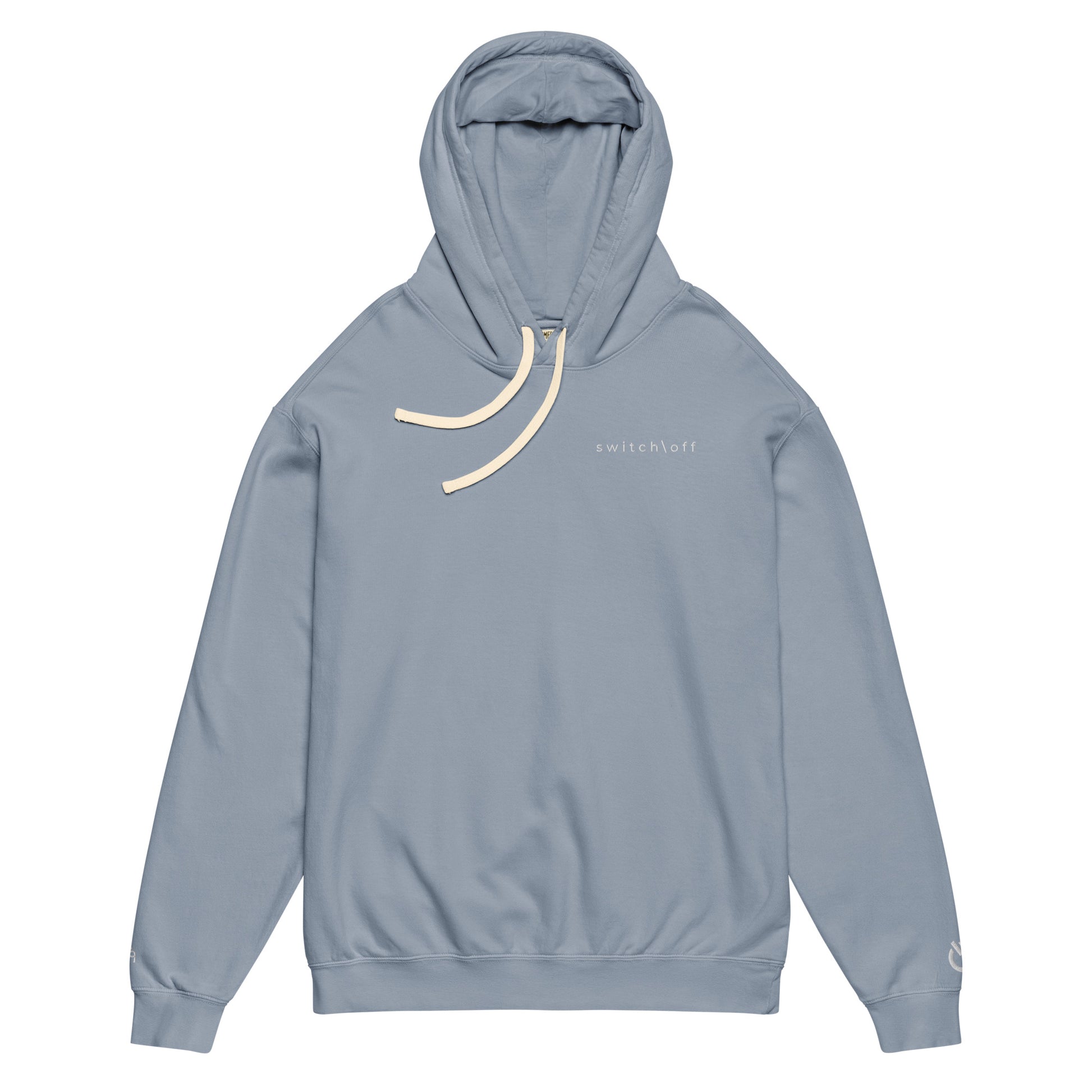 Vintage-style lightweight fleece hoodie in blue jean with white switch\off embroidery - An Athlete Trains. Flat drawstrings. Front view