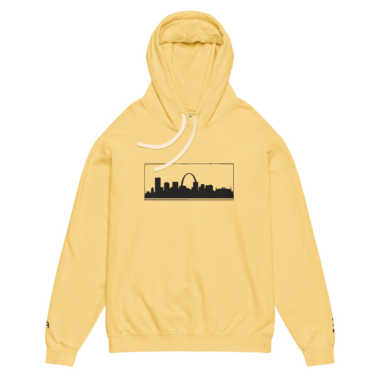 Butter color St. Louis Edition lightweight garment-dyed hoodie featuring St. Louis skyline, Gateway Arch, and STL wrist branding | Our City | An Athlete Trains