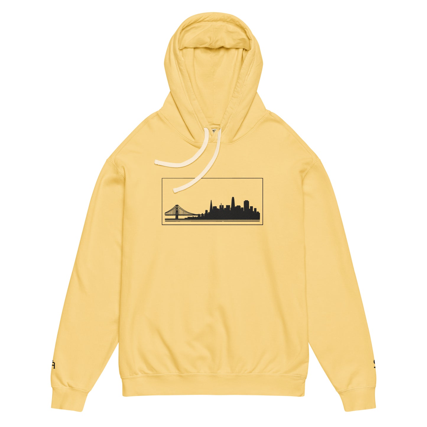 Butter color San Francisco Edition garment-dyed lightweight hoodie with SF skyline, Golden Gate Bridge, and SF wrist detail | Our City | An Athlete Trains