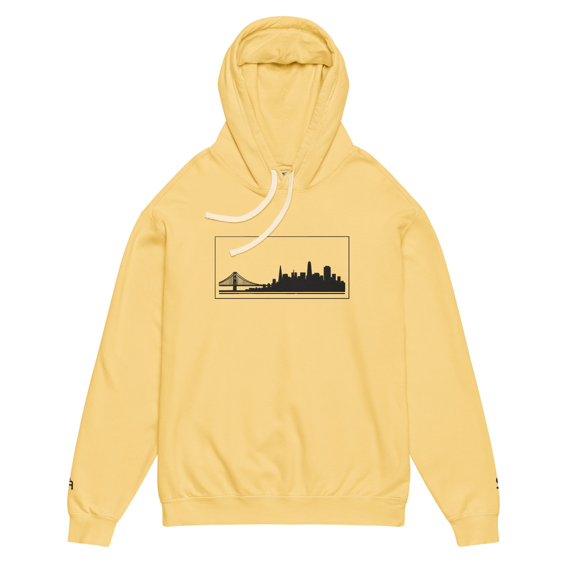Butter color San Francisco Edition garment-dyed lightweight hoodie with SF skyline, Golden Gate Bridge, and SF wrist detail | Our City | An Athlete Trains