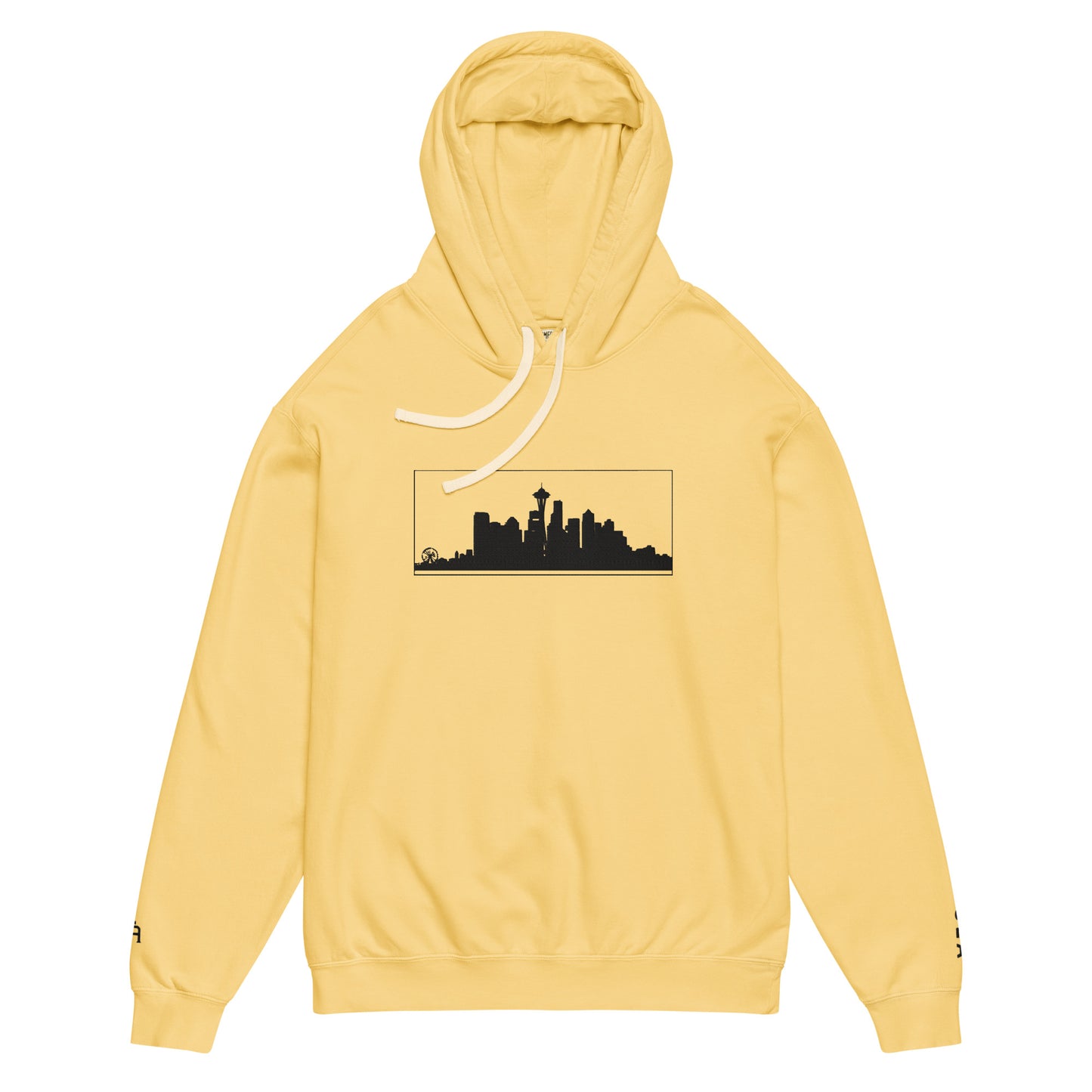 Butter color Seattle Edition lightweight garment-dyed hoodie featuring Seattle skyline, Space Needle, and SEA wrist embroidery | Our City | An Athlete Trains