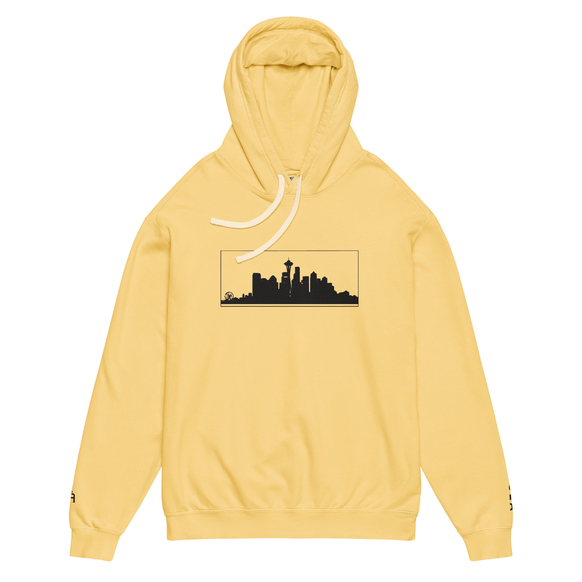 Butter color Seattle Edition lightweight garment-dyed hoodie featuring Seattle skyline, Space Needle, and SEA wrist embroidery | Our City | An Athlete Trains
