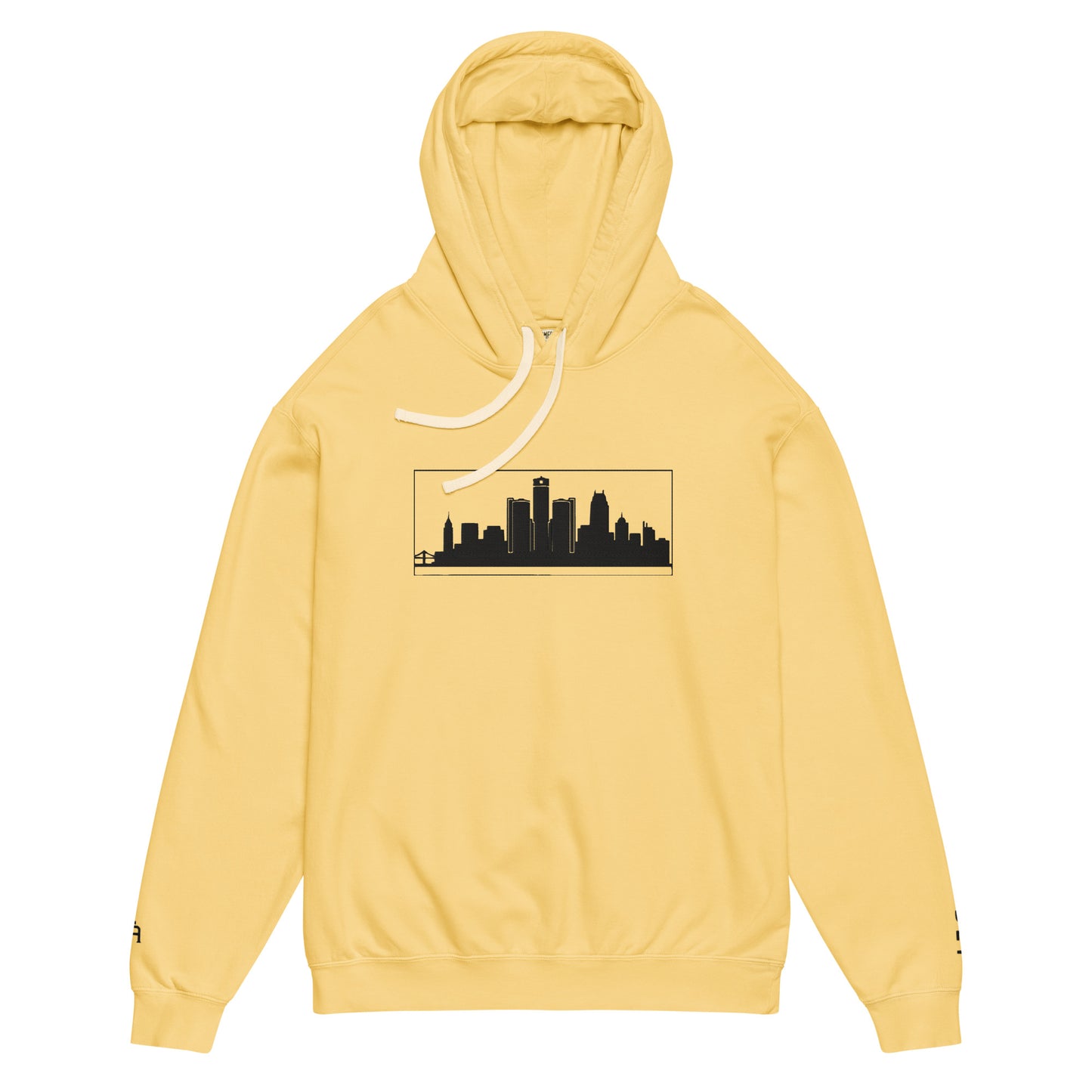 Butter color Detroit Edition garment-dyed lightweight hoodie with embroidered Detroit skyline and DET wrist detail | Out City | An Athlete Trains