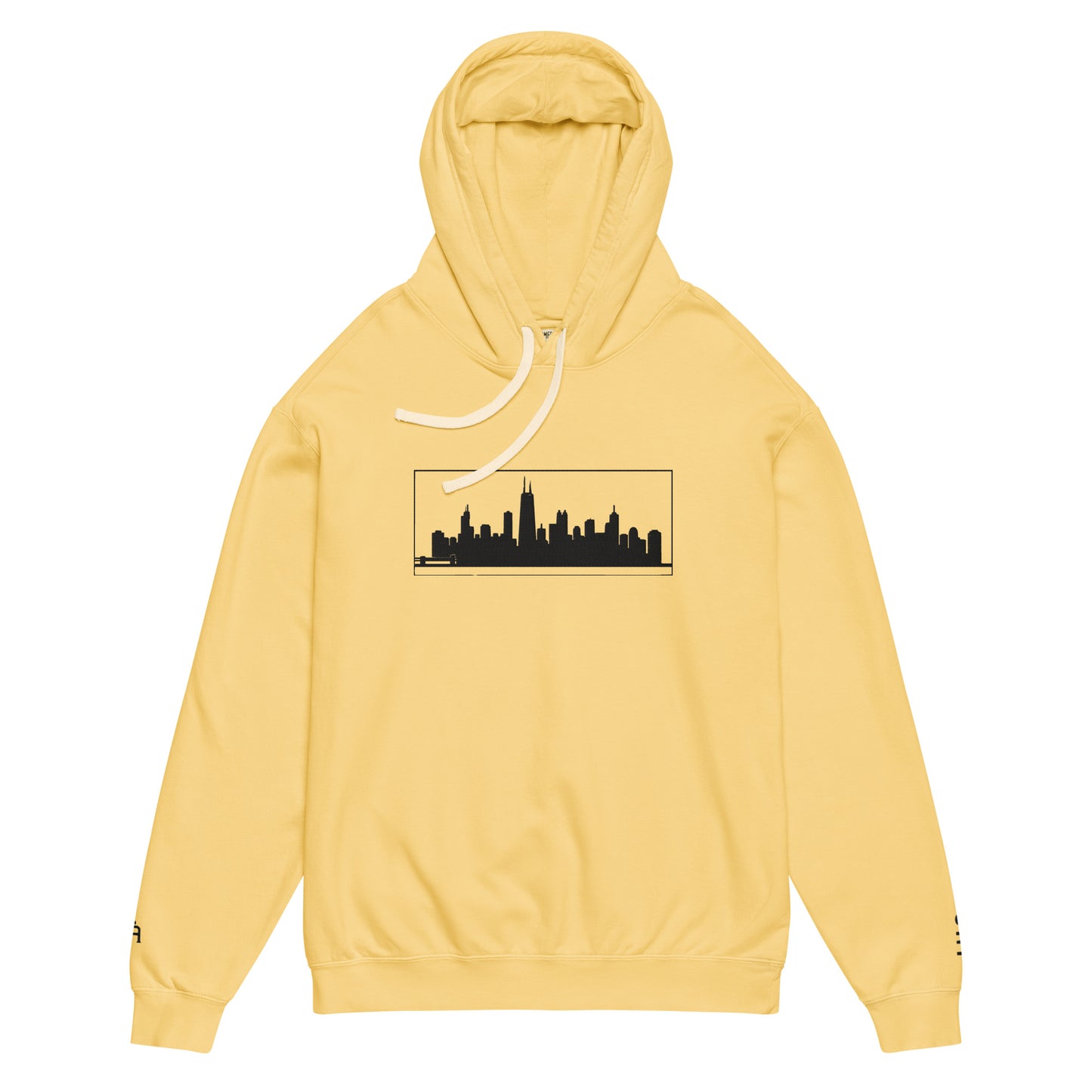 Butter color Chicago Edition lightweight garment-dyed hoodie featuring embroidered Chicago skyline and CHI wrist branding | Our City | An Athlete Trains