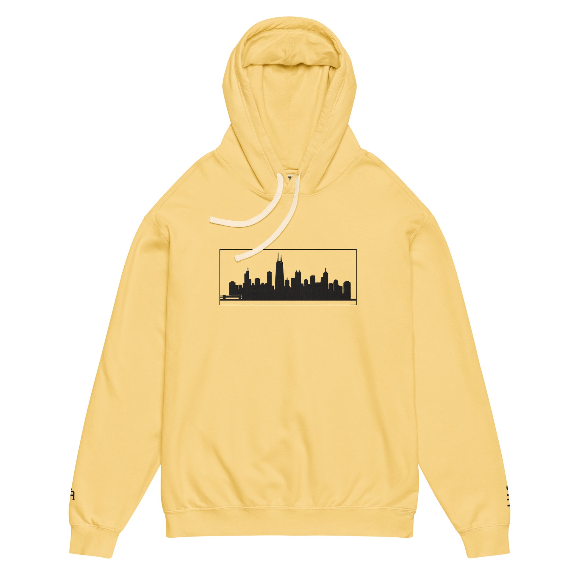 Butter color Chicago Edition lightweight garment-dyed hoodie featuring embroidered Chicago skyline and CHI wrist branding | Our City | An Athlete Trains