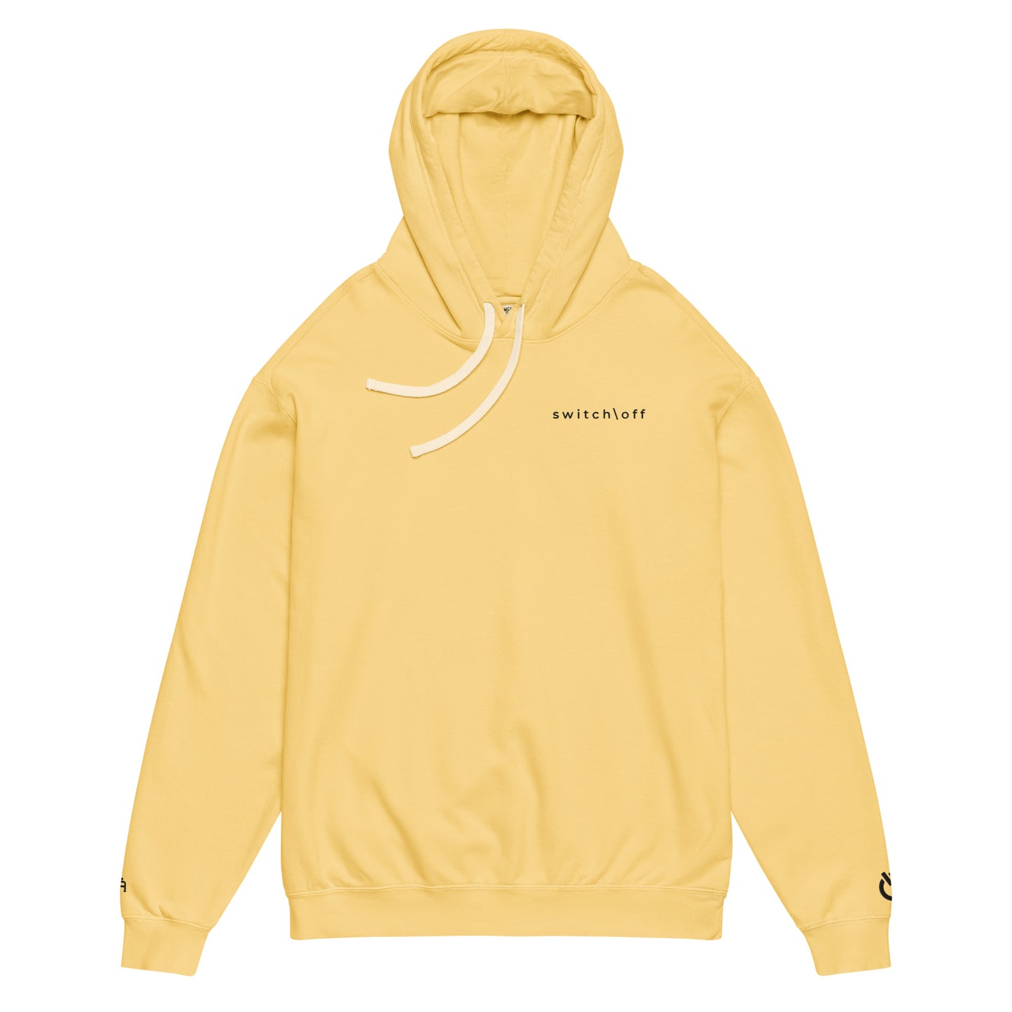 Vintage-style lightweight fleece hoodie in butter with black switch\off embroidery - An Athlete Trains. Flat drawstrings. Front view