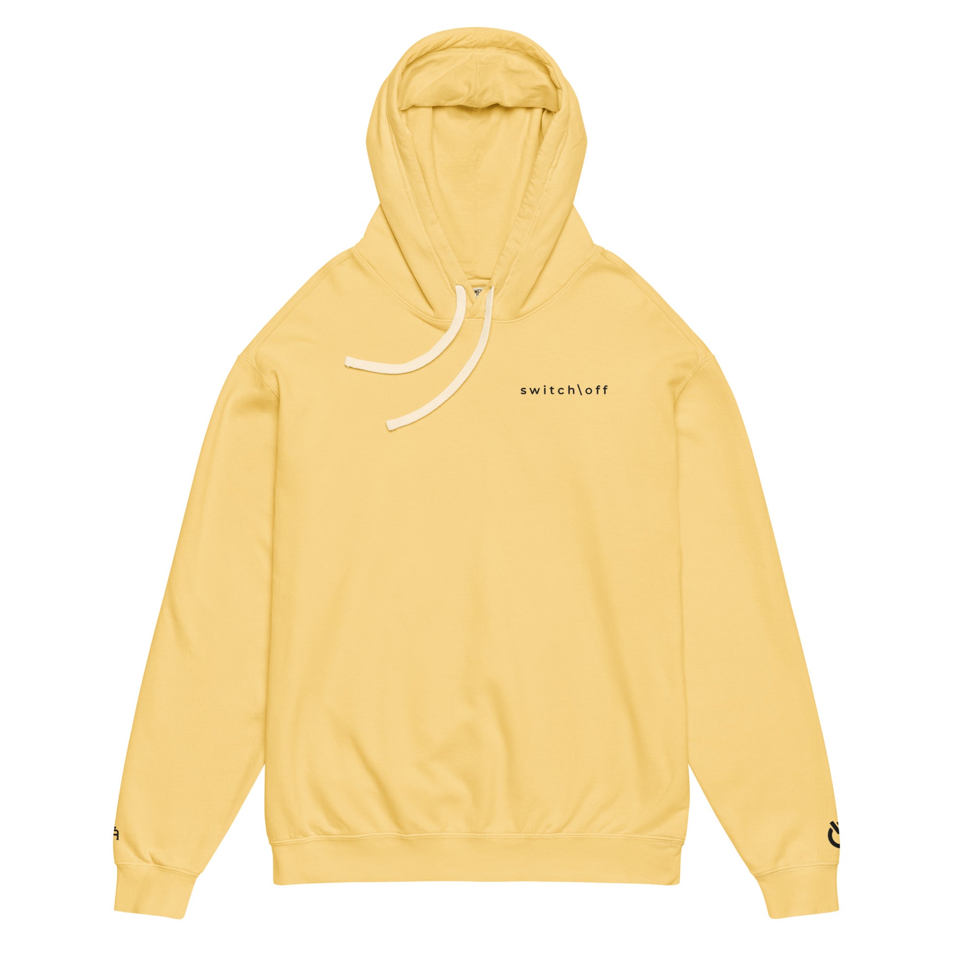 Vintage-style lightweight fleece hoodie in butter with black switch\off embroidery - An Athlete Trains. Flat drawstrings. Front view