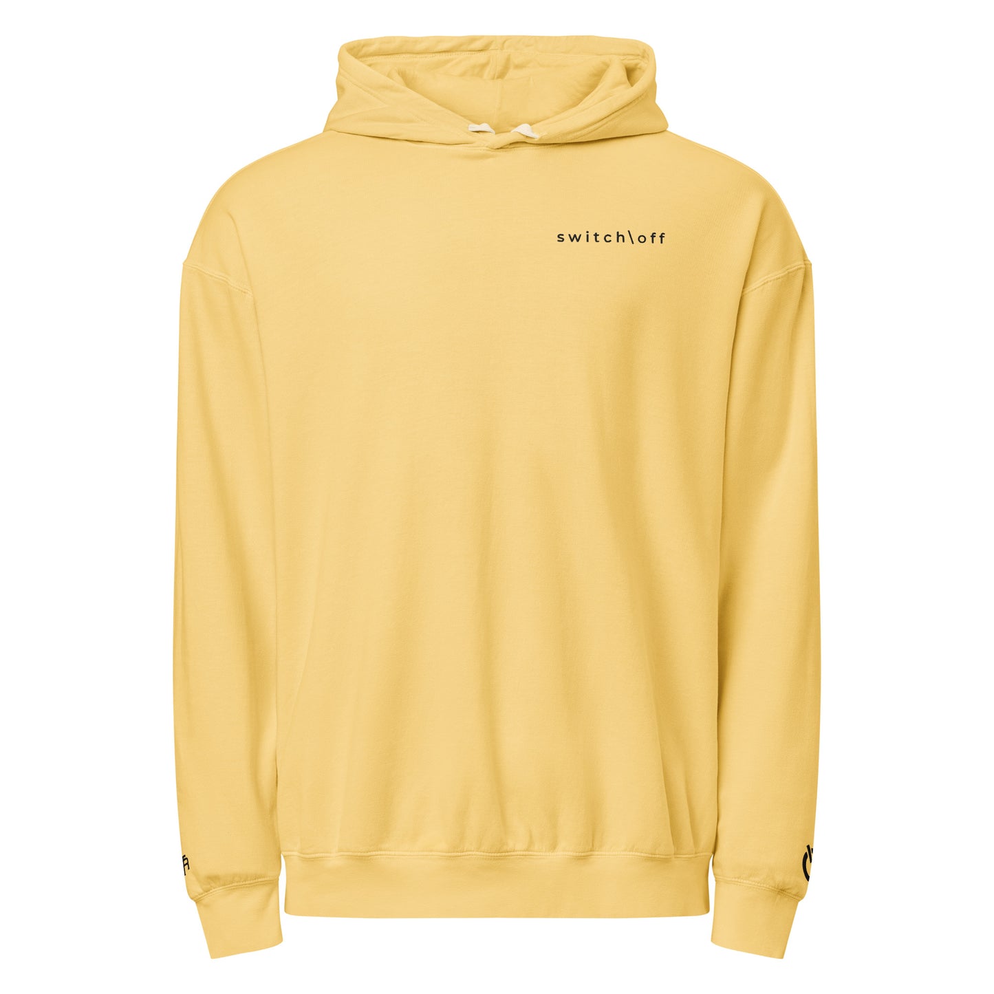 Vintage-style lightweight fleece hoodie in butter with black switch\off embroidery - An Athlete Trains. Front view