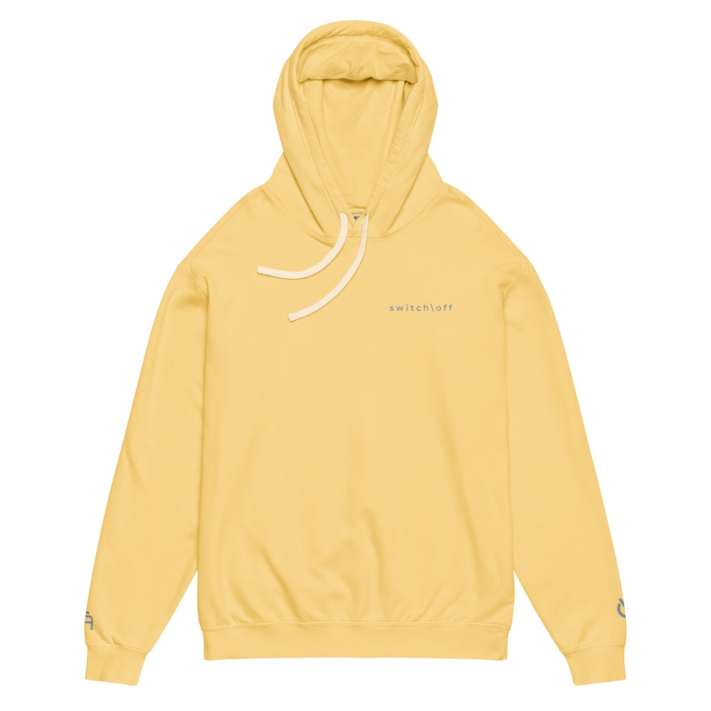 Vintage-style lightweight fleece hoodie in butter with gray switch\off embroidery - An Athlete Trains. Flat drawstrings. Front view