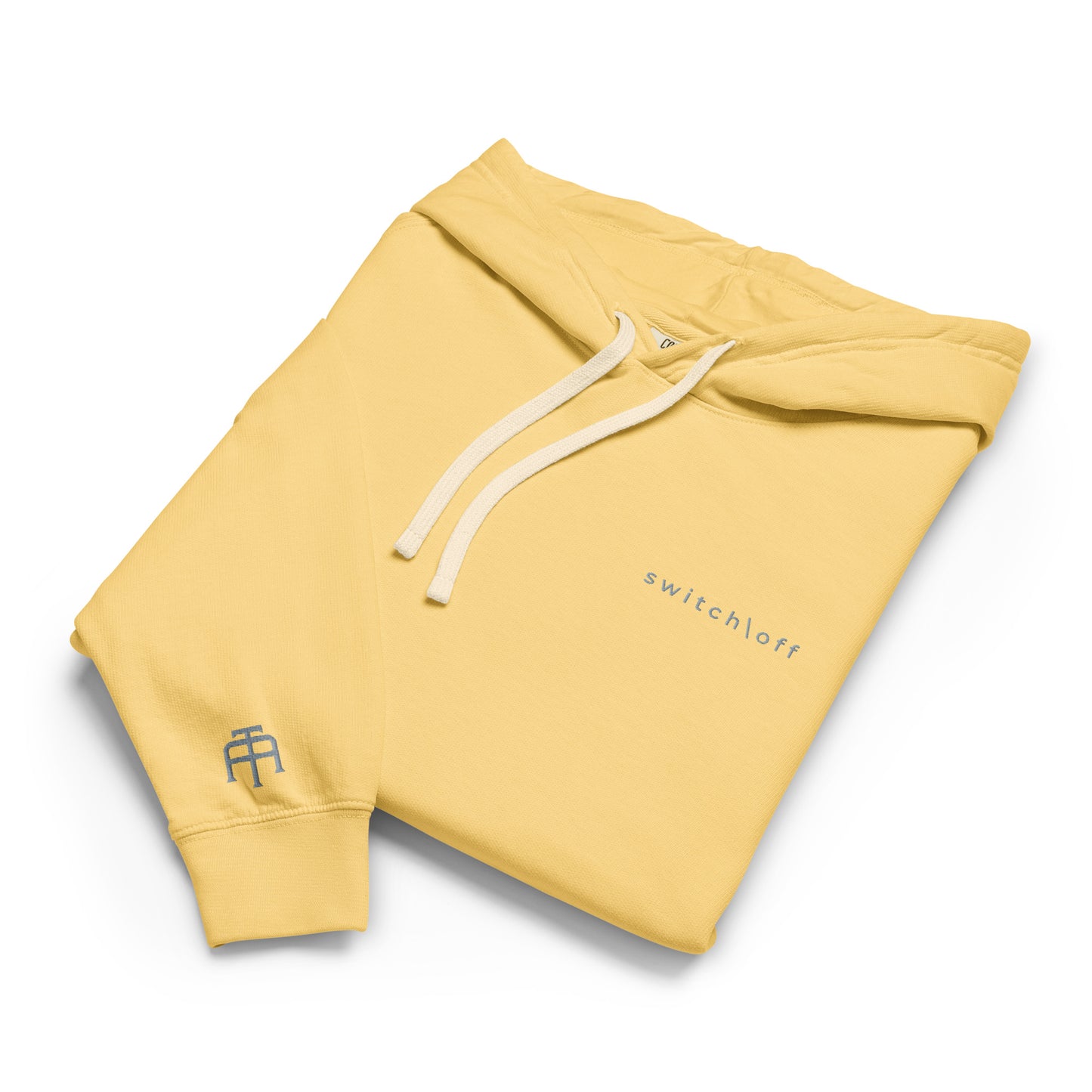 Vintage-style lightweight fleece hoodie in butter with gray switch\off embroidery - An Athlete Trains. Flat drawstrings. Front view