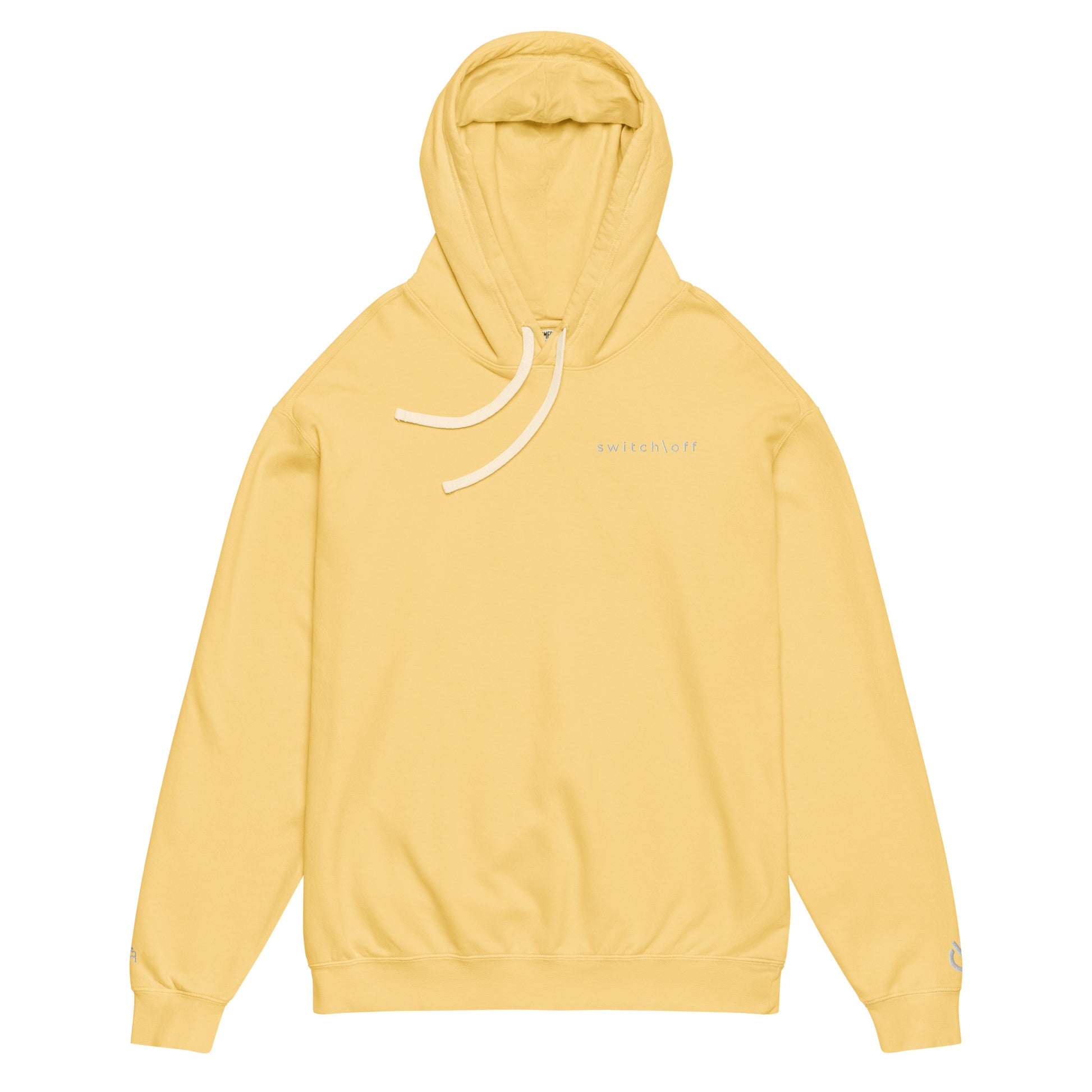 Vintage-style lightweight fleece hoodie in butter with white switch\off embroidery - An Athlete Trains. Flat drawstrings. Front view