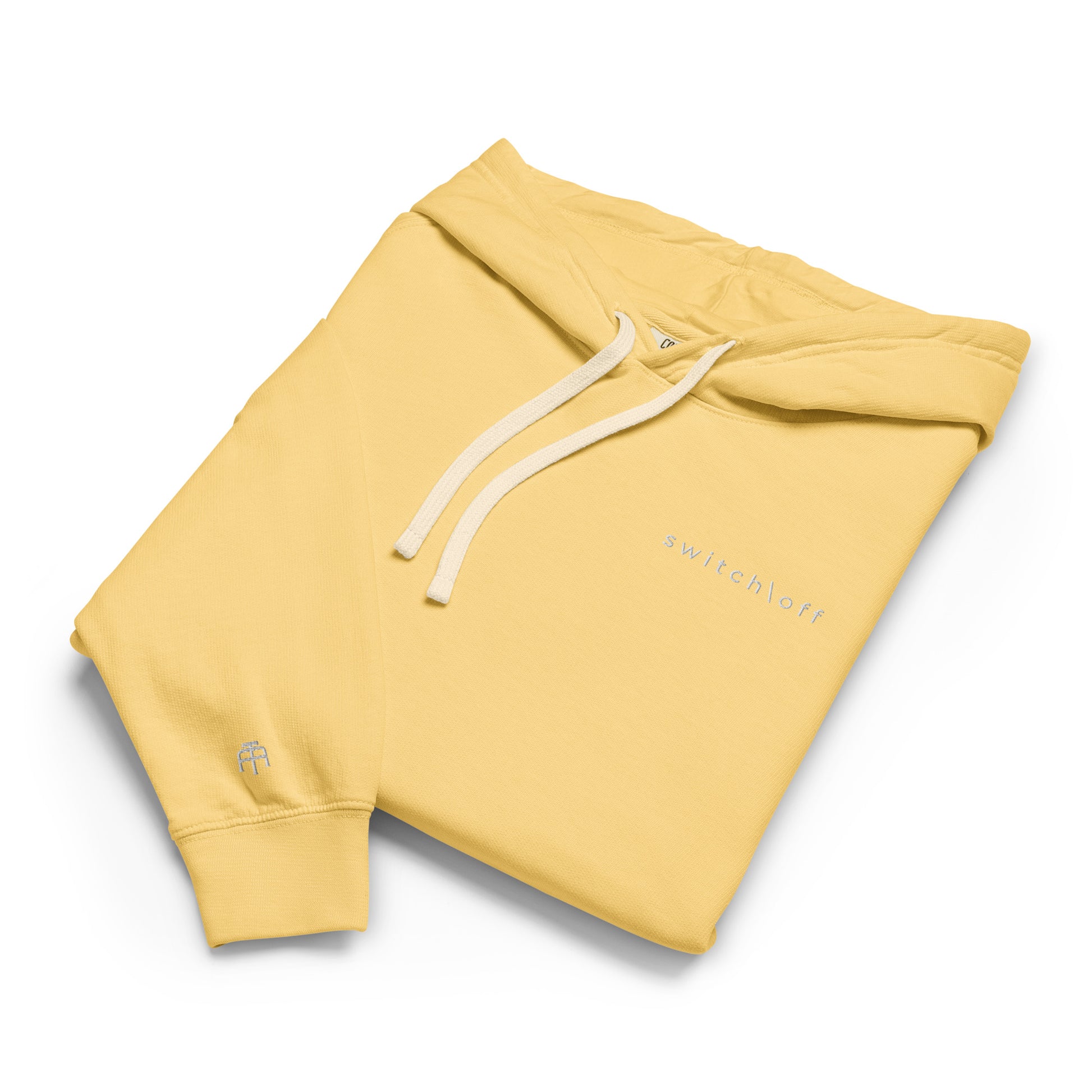 Vintage-style lightweight fleece hoodie in butter with white switch\off embroidery - An Athlete Trains. Flat drawstrings. Front view