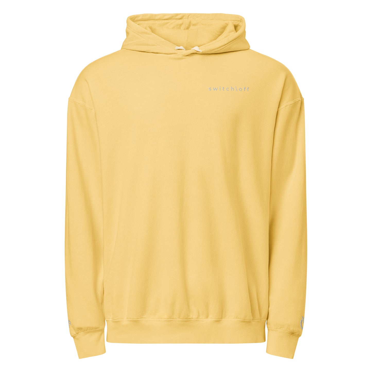 Vintage-style lightweight fleece hoodie in butter with white switch\off embroidery - An Athlete Trains. Flat drawstrings. Front view