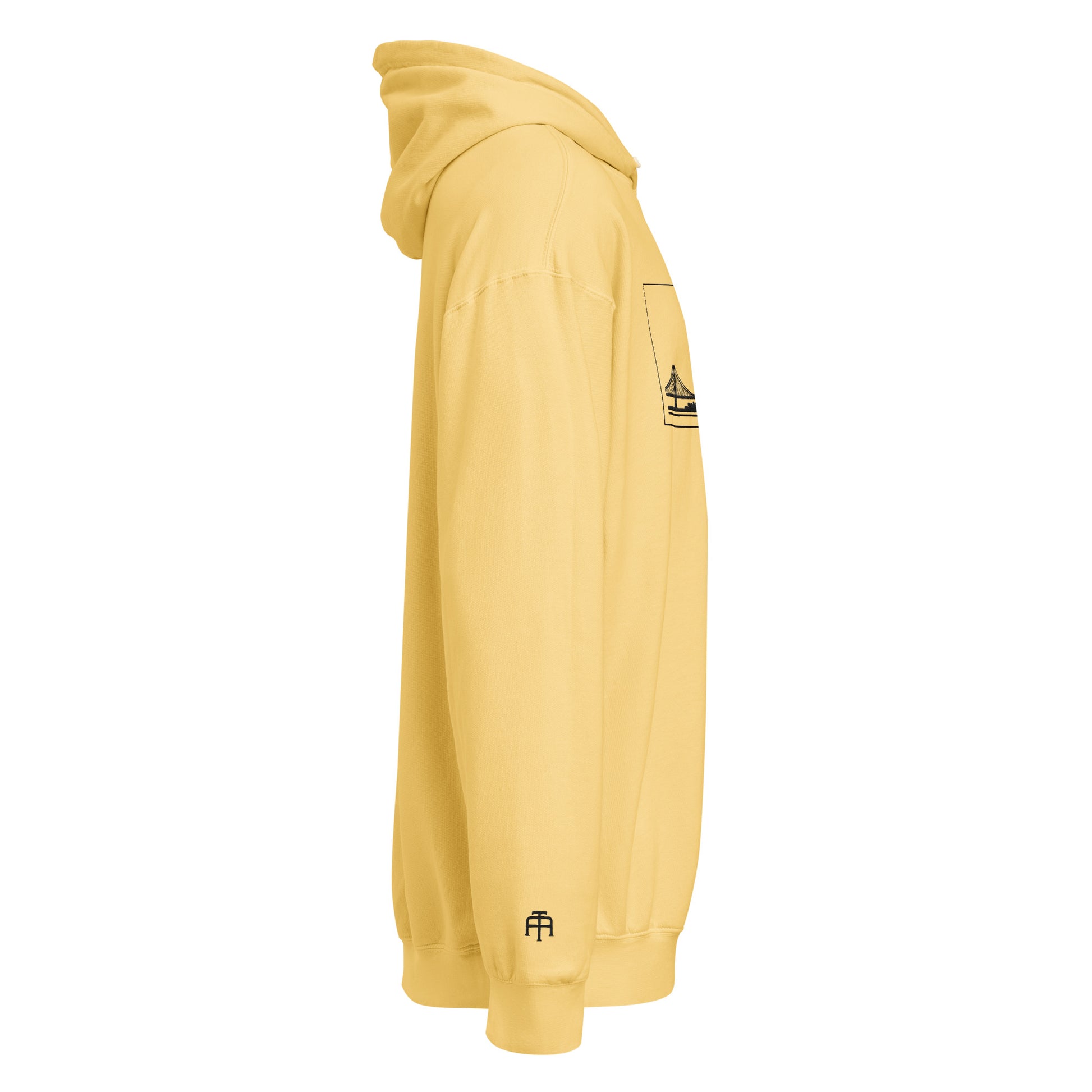 Butter color San Francisco Edition garment-dyed lightweight hoodie with SF skyline, Golden Gate Bridge, and SF wrist detail | Our City | An Athlete Trains