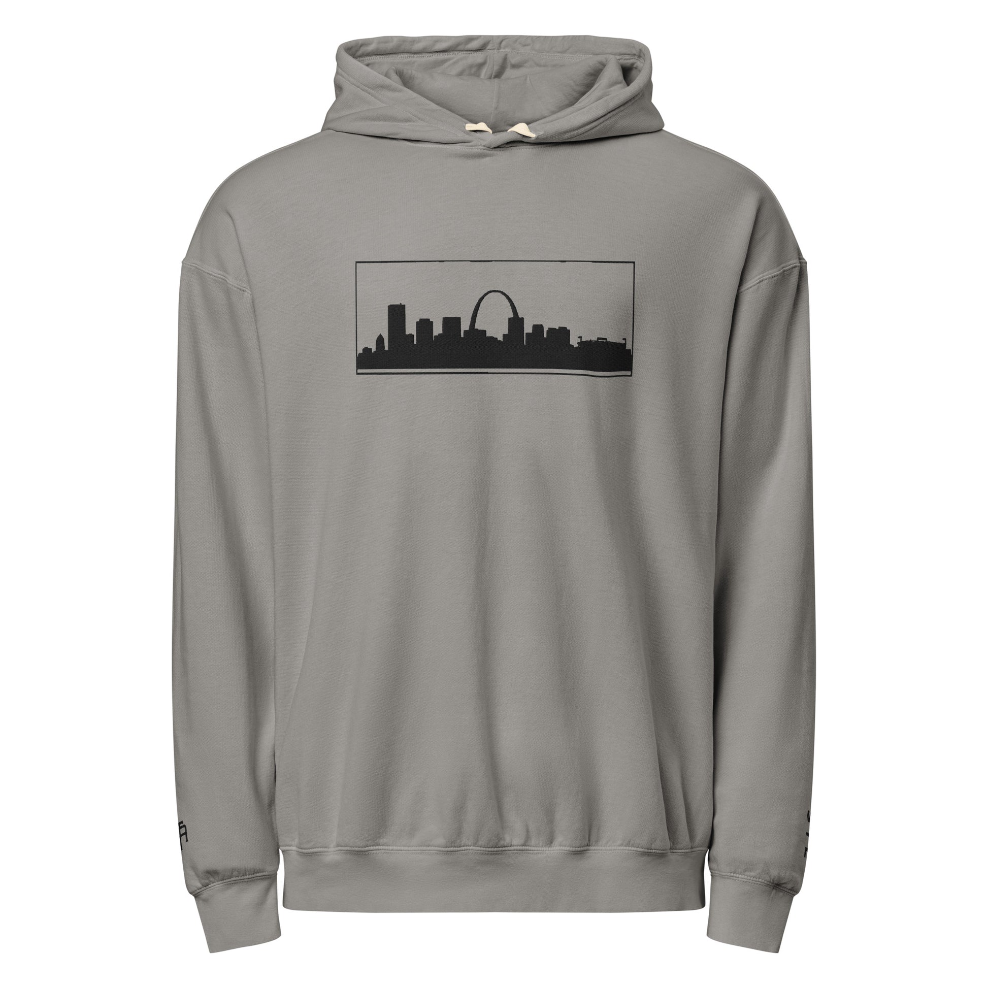 Gray St. Louis Edition lightweight garment-dyed hoodie featuring St. Louis skyline, Gateway Arch, and STL wrist branding | Our City | An Athlete Trains