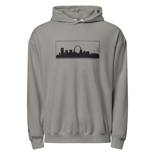 Gray St. Louis Edition lightweight garment-dyed hoodie featuring St. Louis skyline, Gateway Arch, and STL wrist branding | Our City | An Athlete Trains
