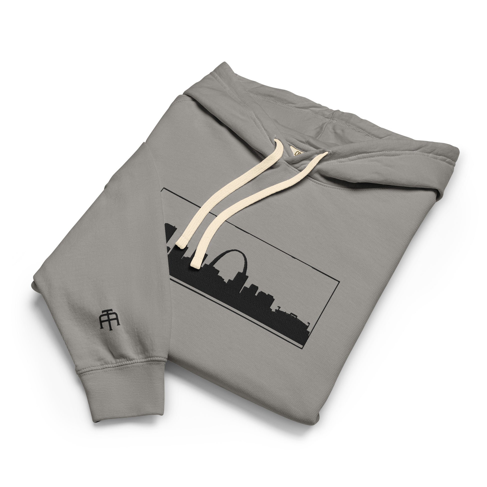 Gray St. Louis Edition lightweight garment-dyed hoodie featuring St. Louis skyline, Gateway Arch, and STL wrist branding | Our City | An Athlete Trains