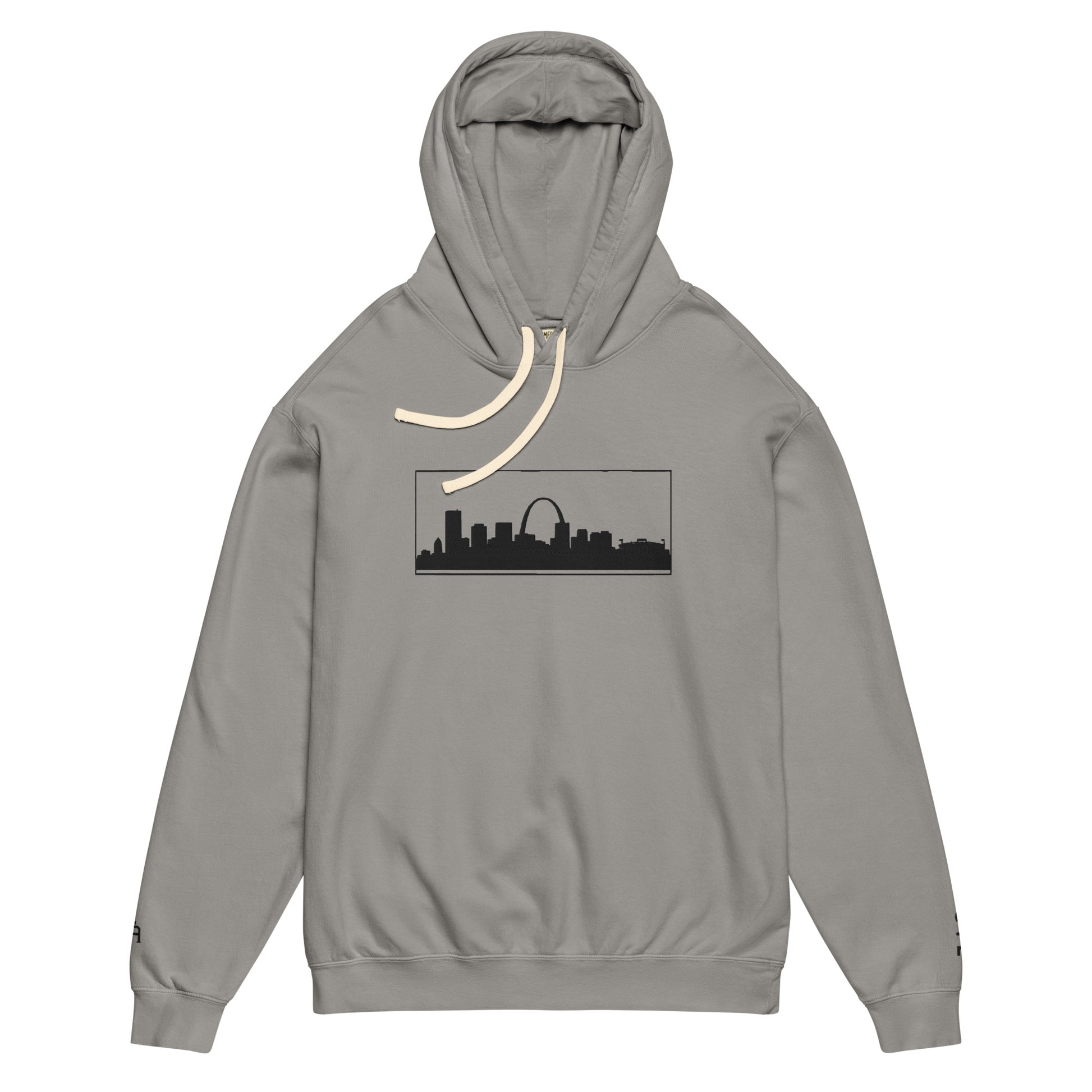 Gray St. Louis Edition lightweight garment-dyed hoodie featuring St. Louis skyline, Gateway Arch, and STL wrist branding | Our City | An Athlete Trains